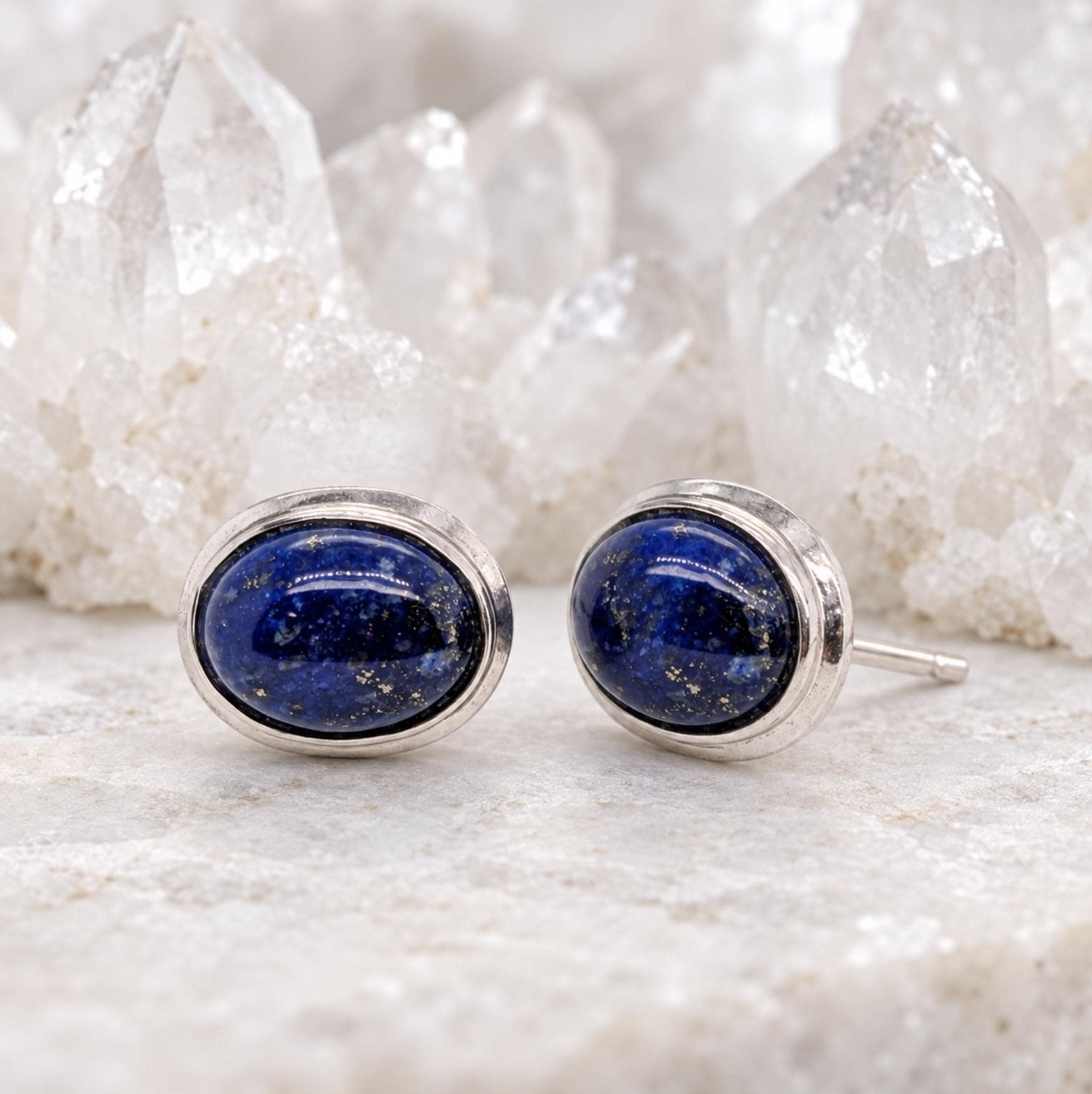 Lapis Lazuli Oval Stud Earrings in Sterling Silver : December Birthstone Jewelry