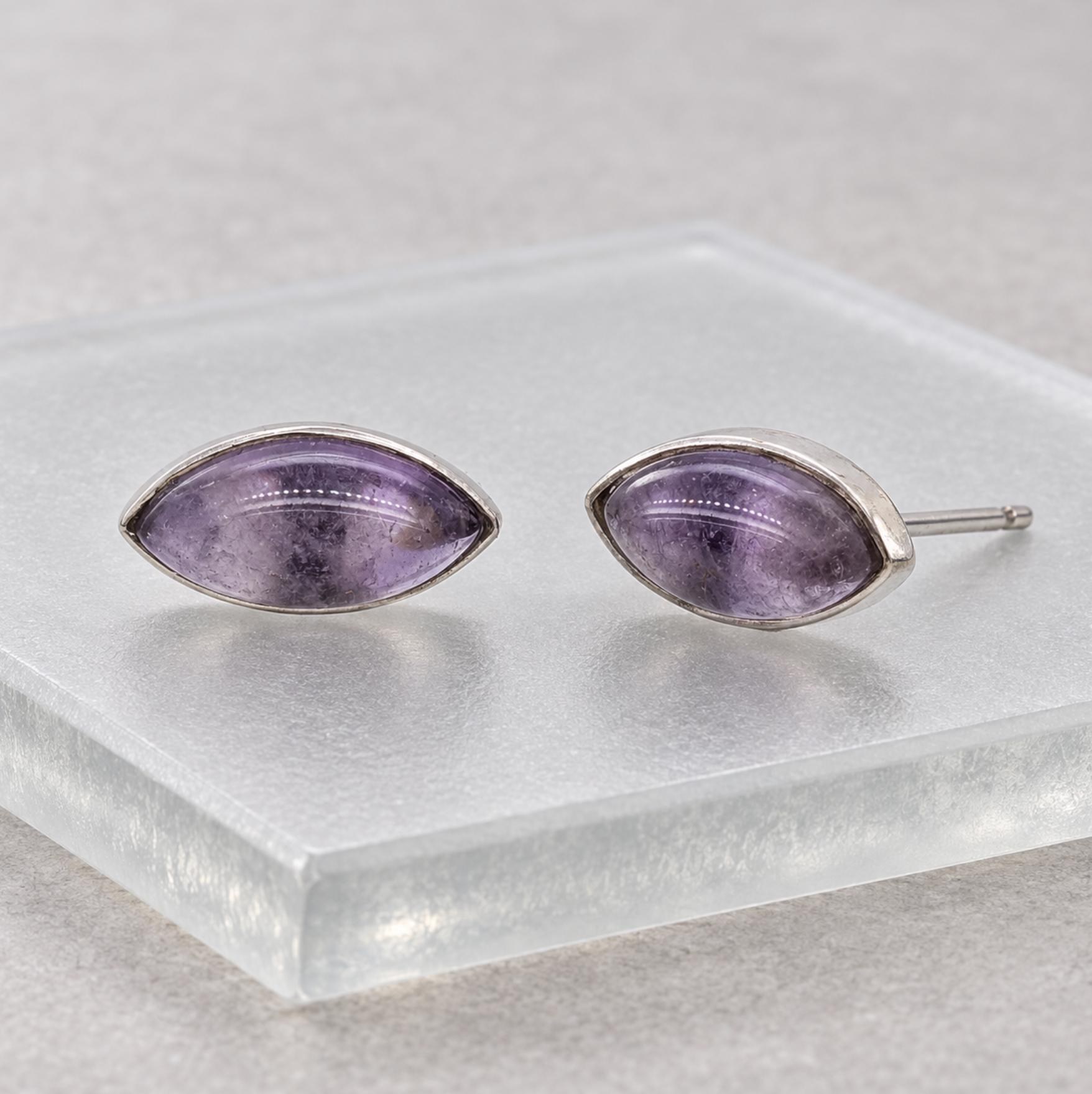 Amethyst Cabochon Marquise Stud Earrings in Sterling Silver : February Birthstone, detail view