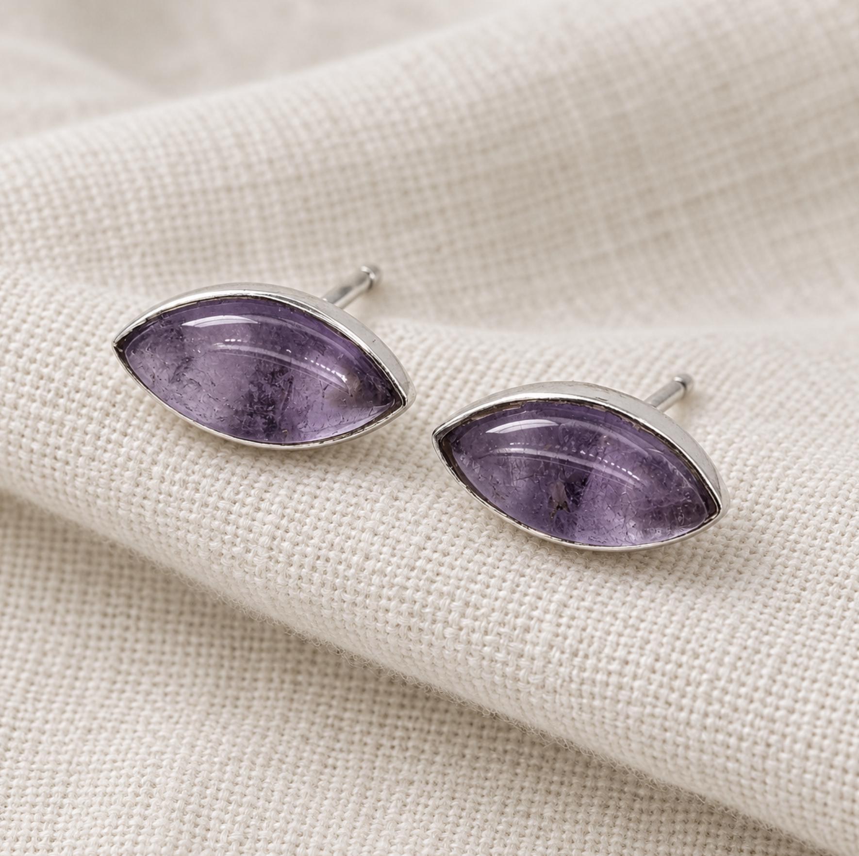 Amethyst Cabochon Marquise Stud Earrings in Sterling Silver : February Birthstone