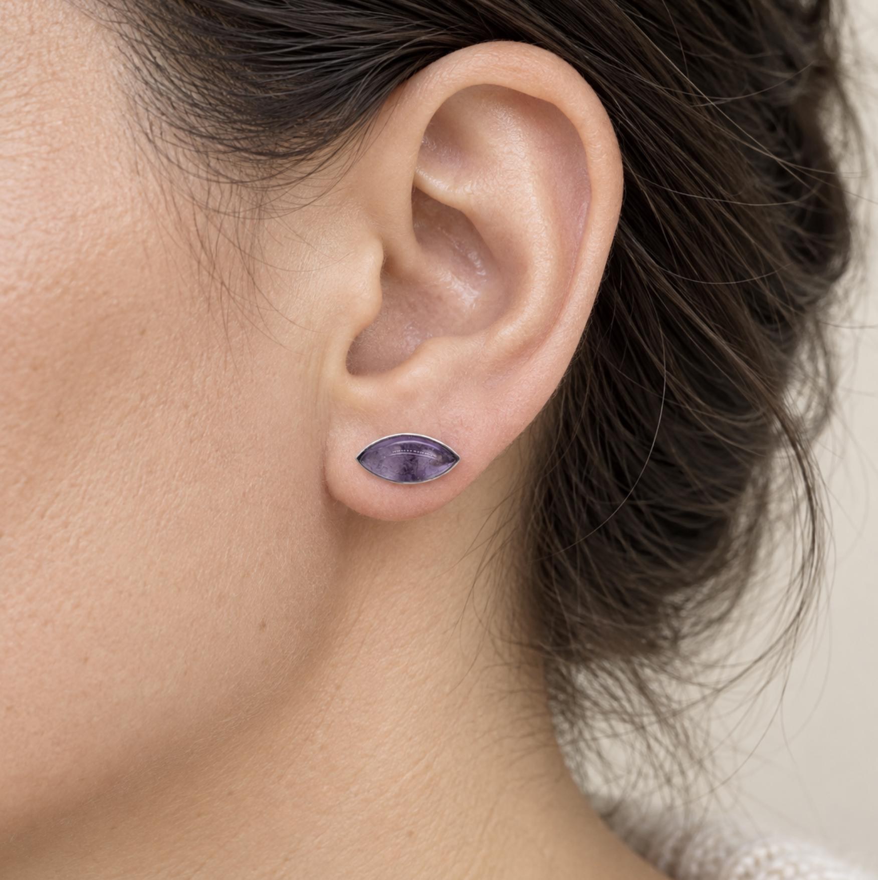 Amethyst Cabochon Marquise Stud Earrings in Sterling Silver : February Birthstone, worn view
