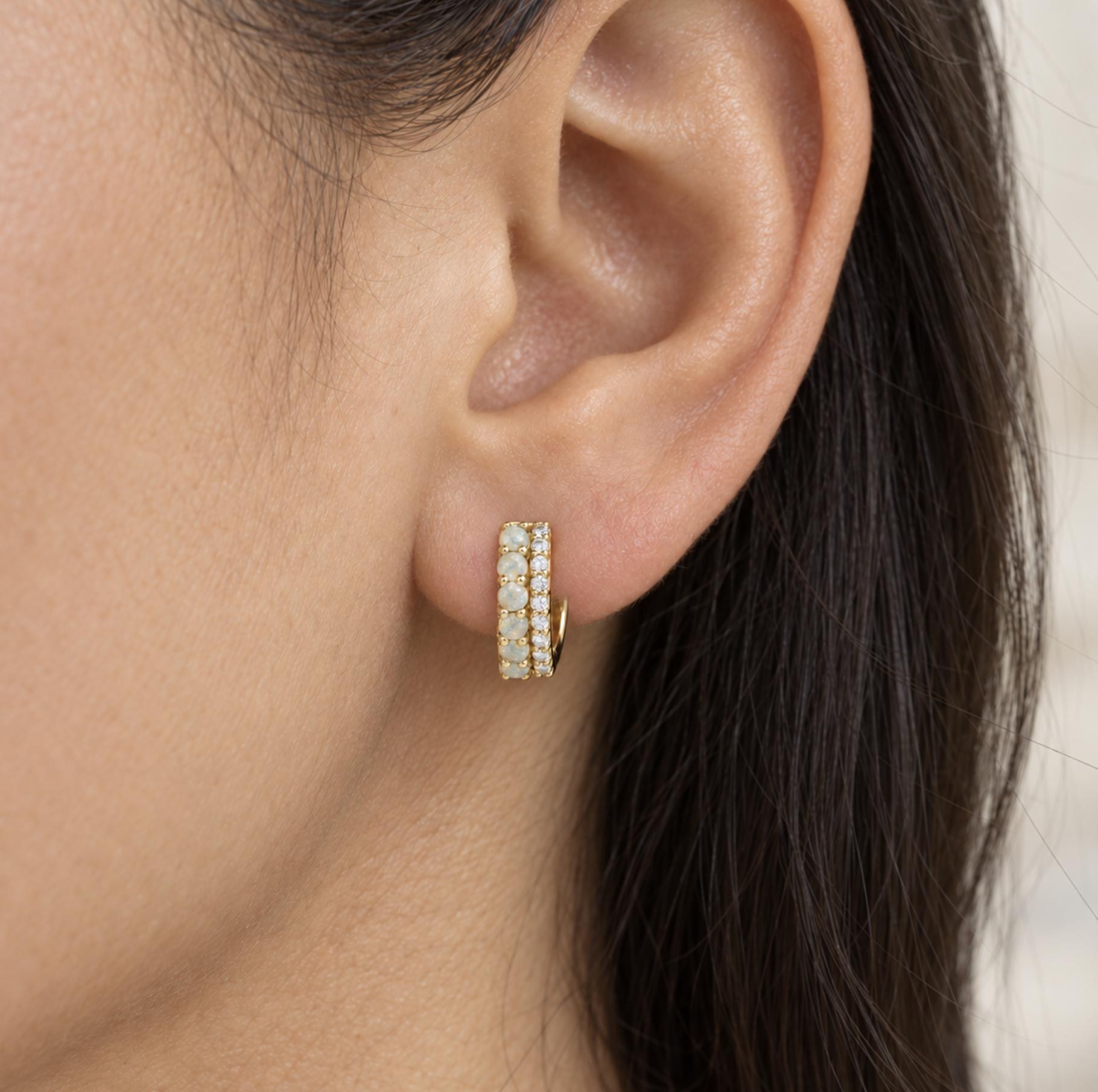 Natural White Opal and Diamond Huggies Solid 14k Gold : October Birthstone Earrings, worn view
