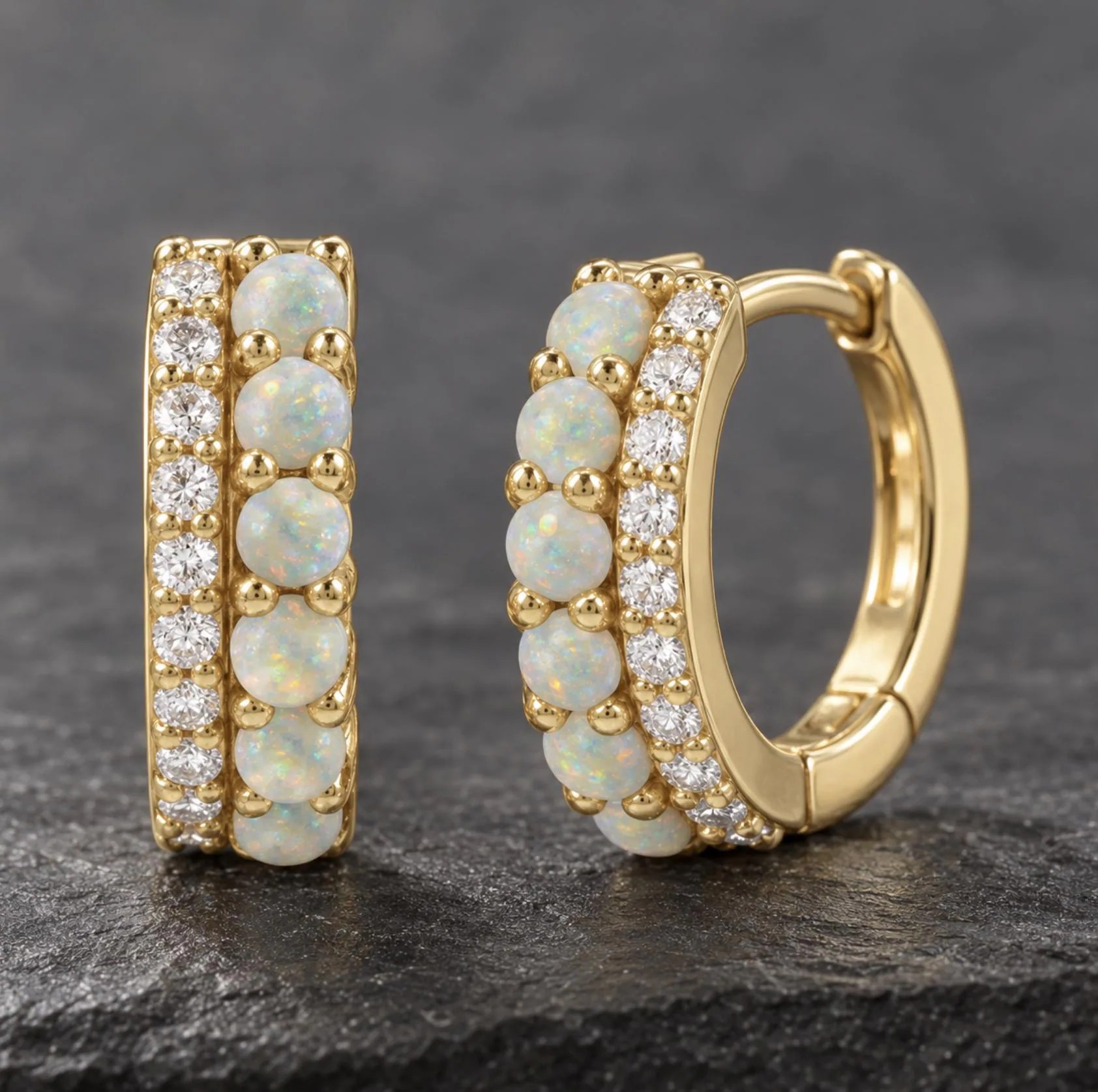 Natural White Opal and Diamond Huggies Solid 14k Gold : October Birthstone Earrings, detail view