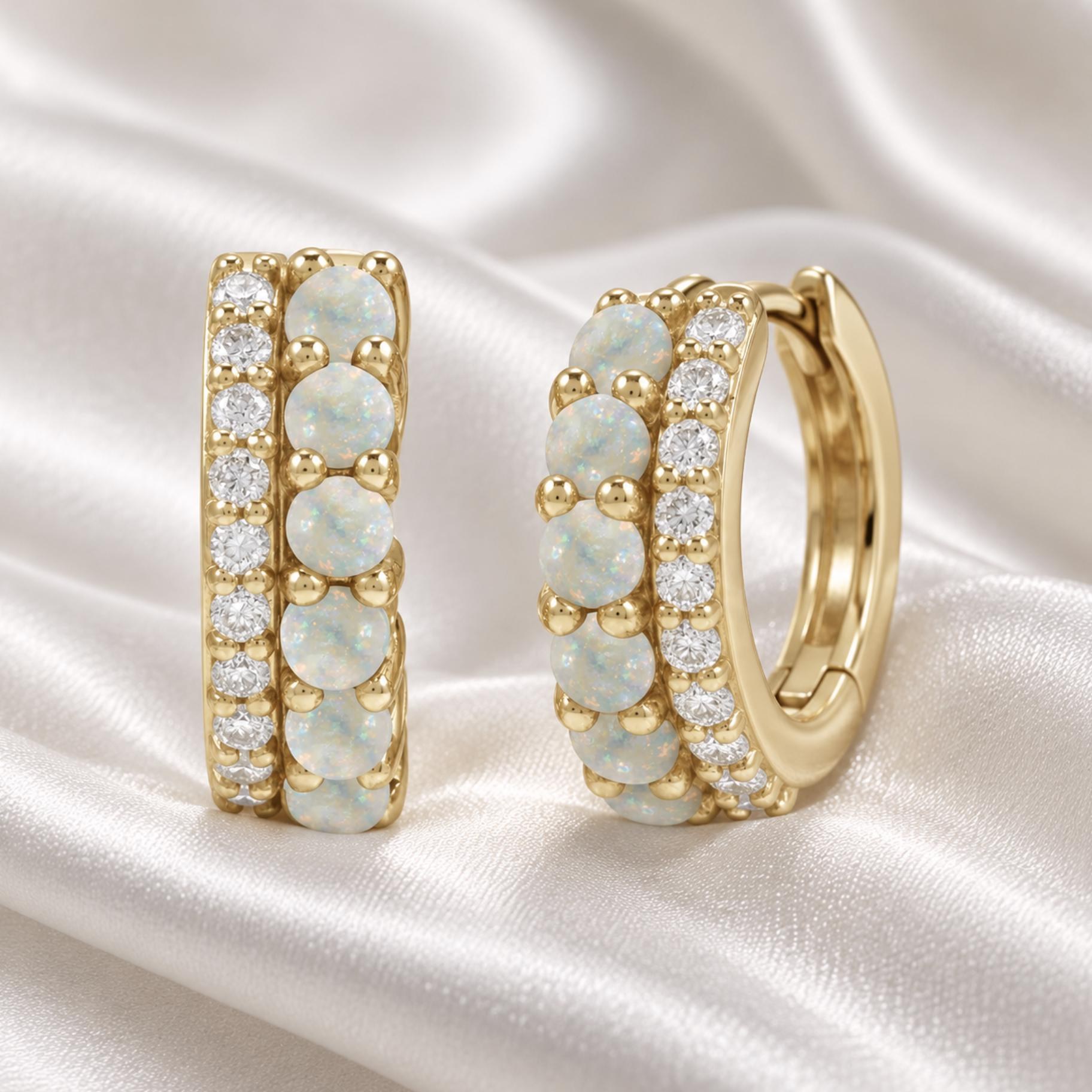 Natural White Opal and Diamond Huggies Solid 14k Gold : October Birthstone Earrings