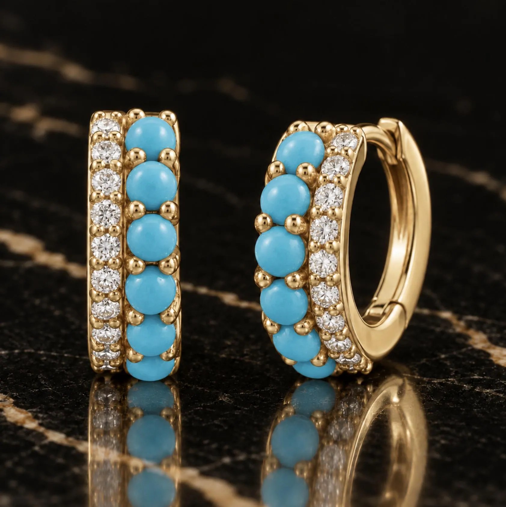 Turquoise and Diamond Huggies Solid 14k Gold : 6th or 11th Anniversary Gift for Wife
