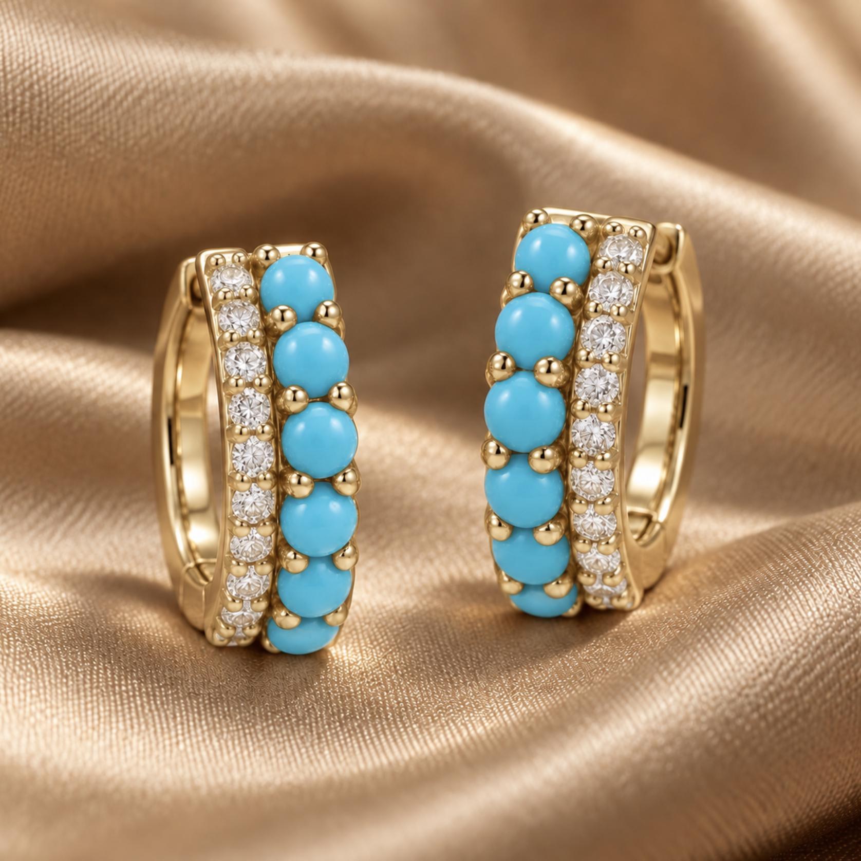 Turquoise and Diamond Huggies Solid 14k Gold : 6th or 11th Anniversary Gift for Wife, detail view