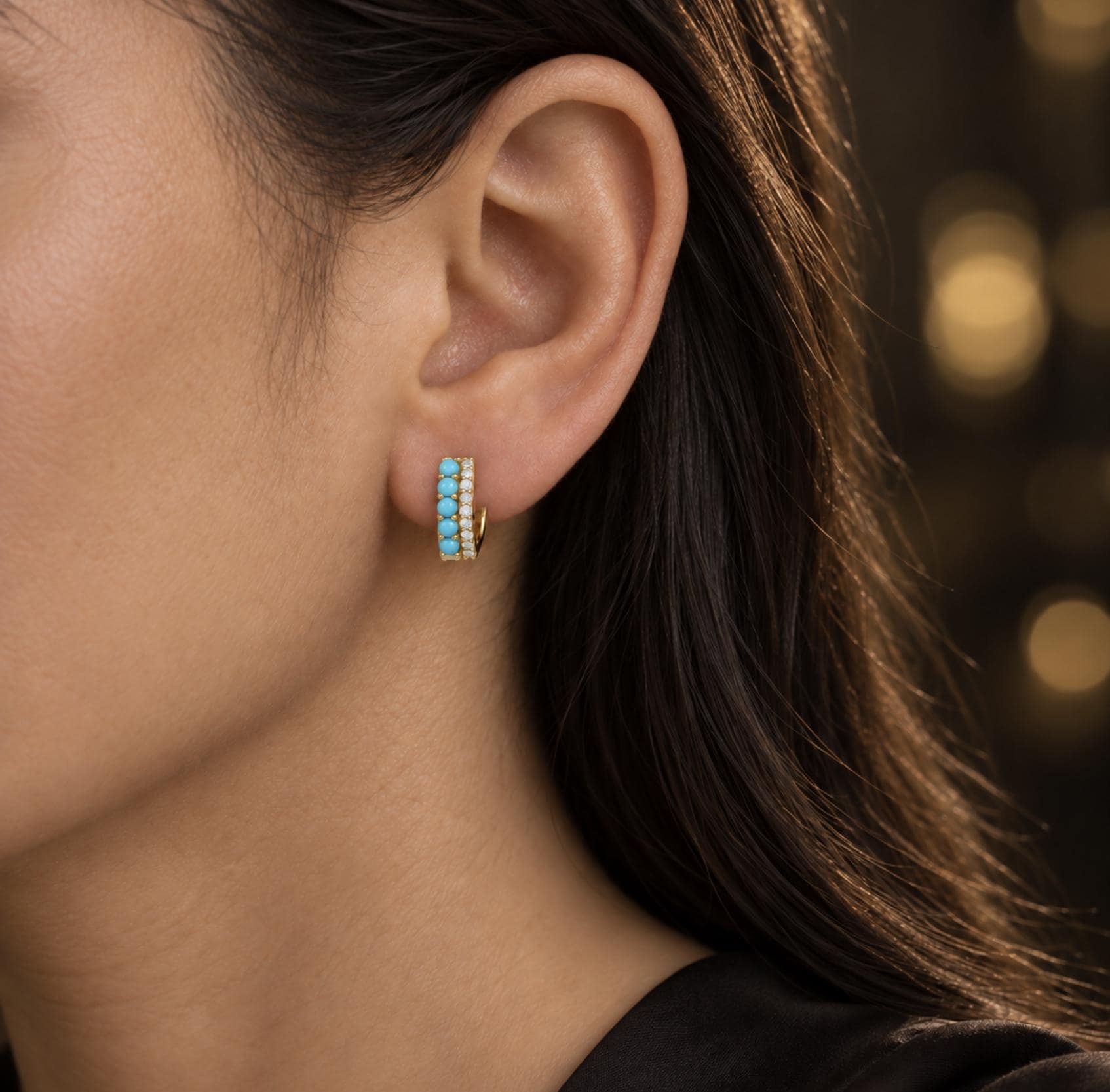 Turquoise and Diamond Huggies Solid 14k Gold : 6th or 11th Anniversary Gift for Wife, worn view