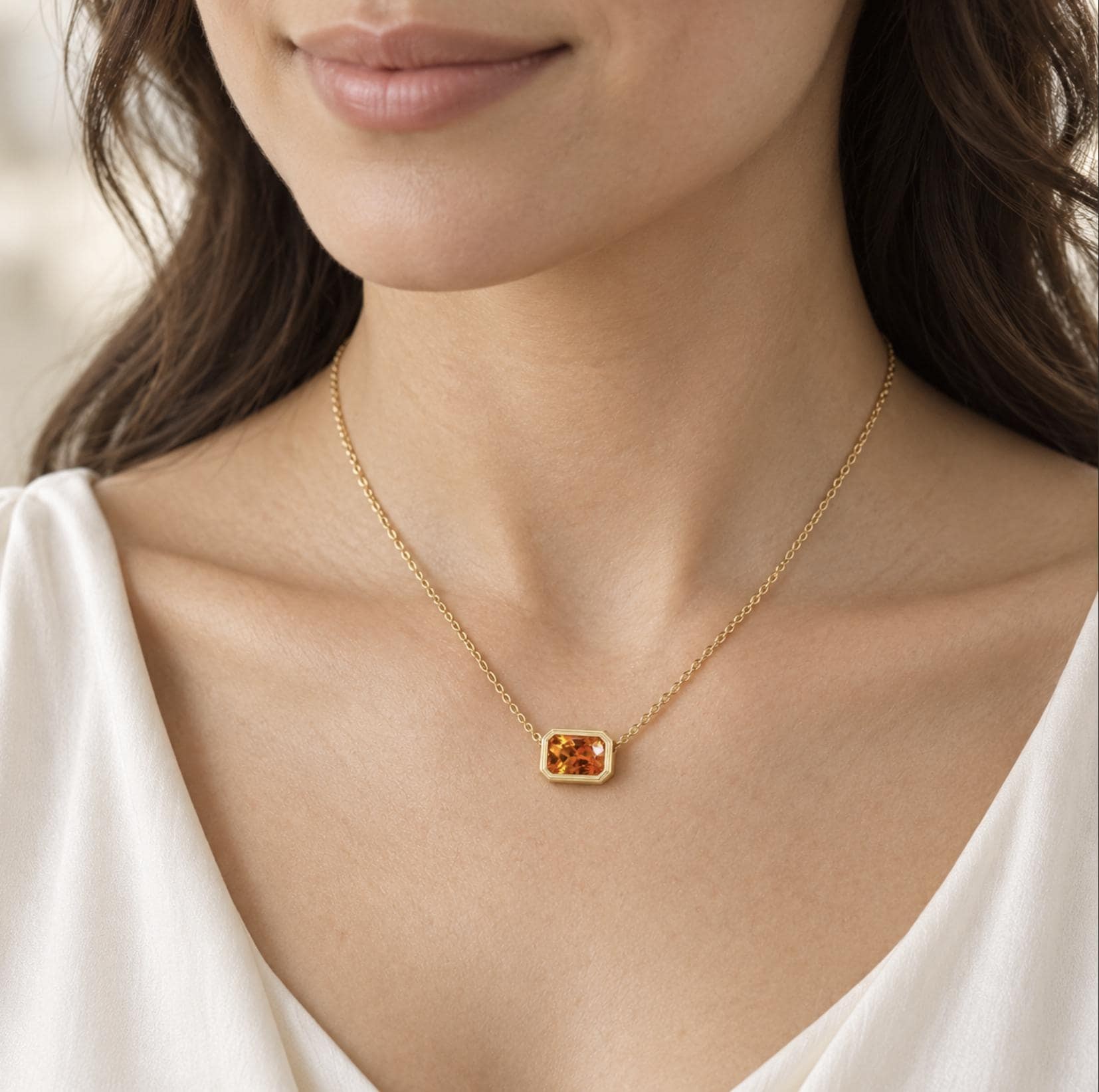 Spessartite Garnet Bezel Set Slide Pendant Solid 14k Gold : January Birthstone Necklace for Women, worn view