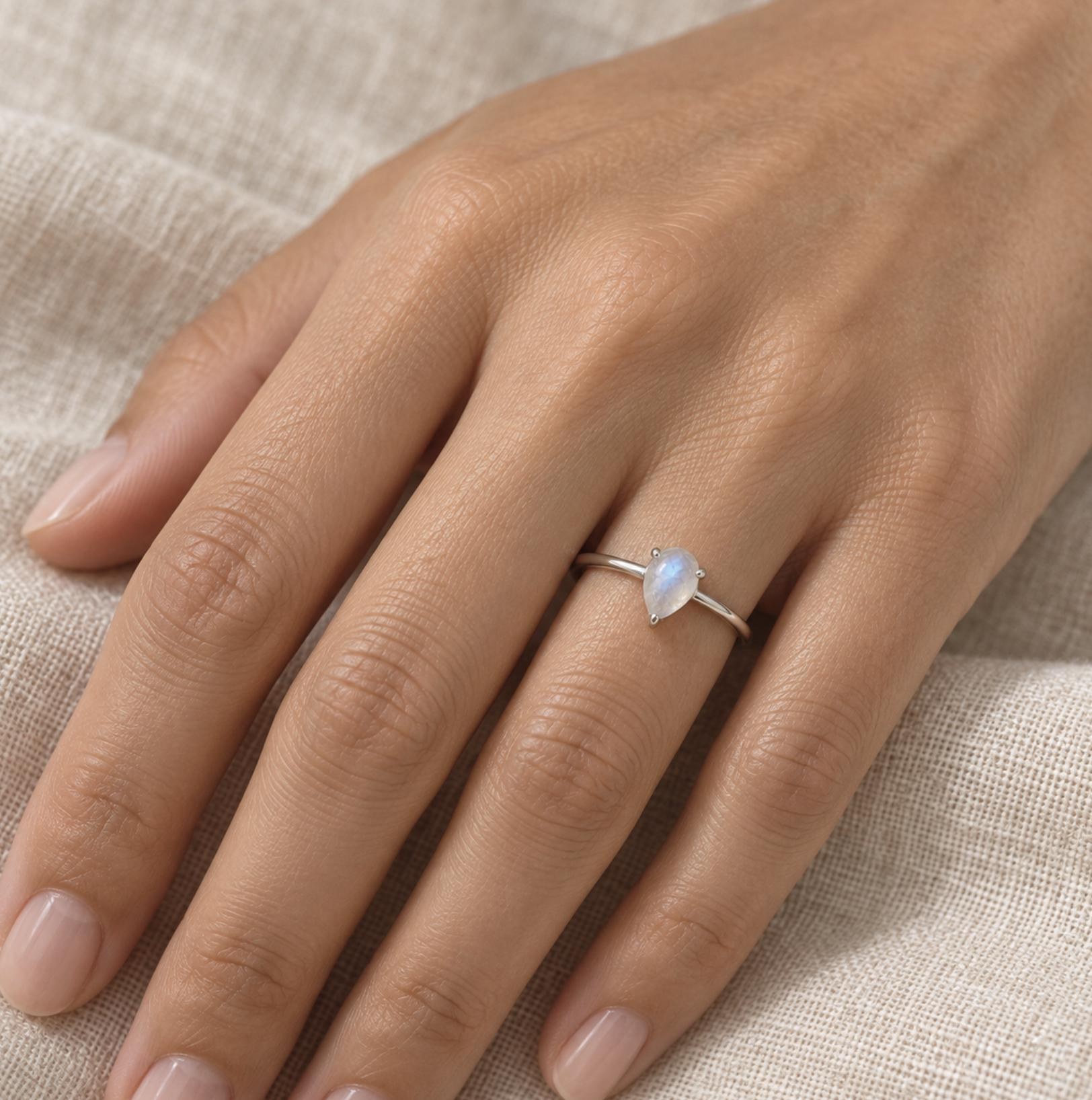 Moonstone Teardrop Ring Sterling Silver : Minimalist June Birthstone Jewelry, worn view