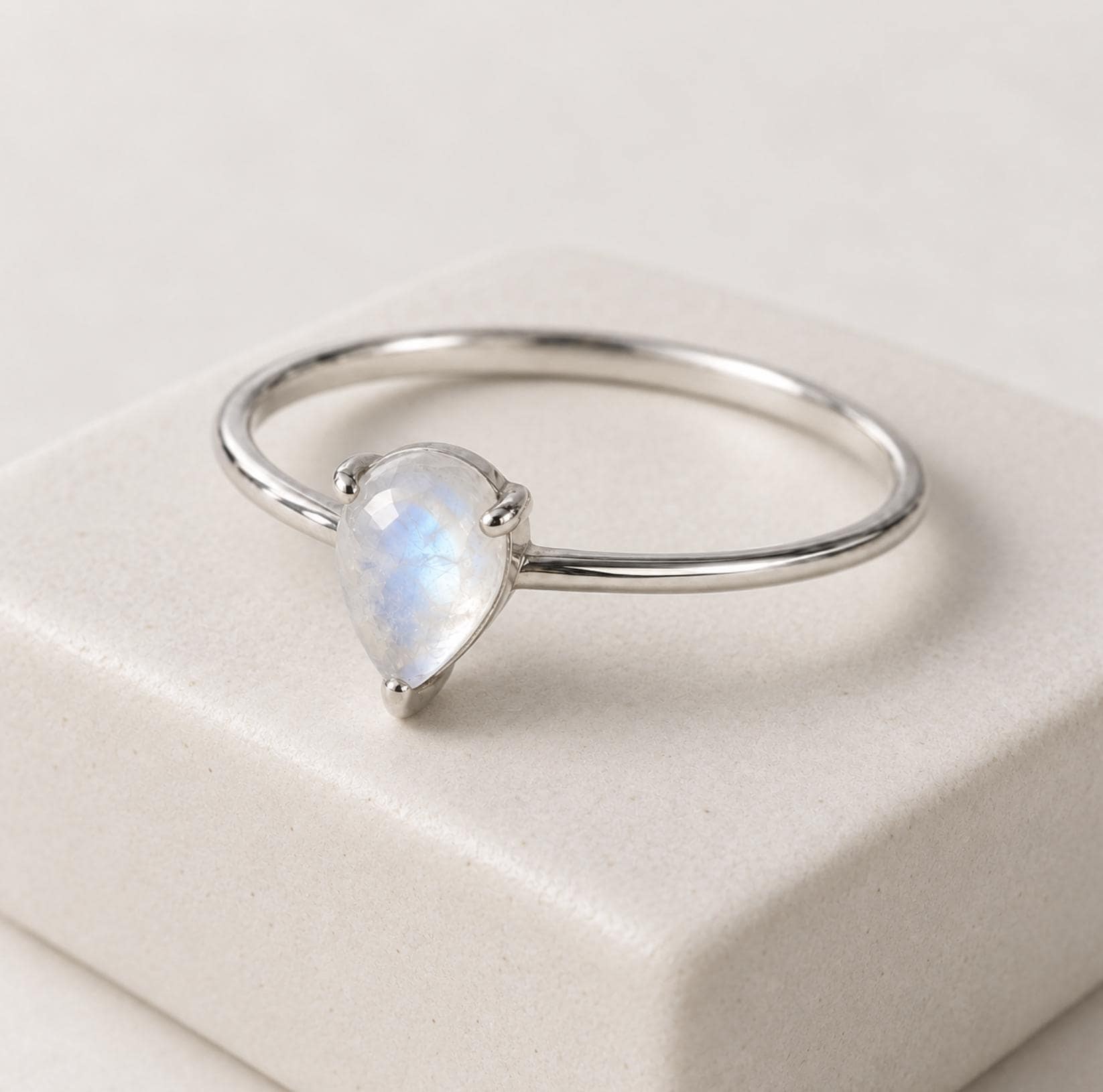 Moonstone Teardrop Ring Sterling Silver : Minimalist June Birthstone Jewelry