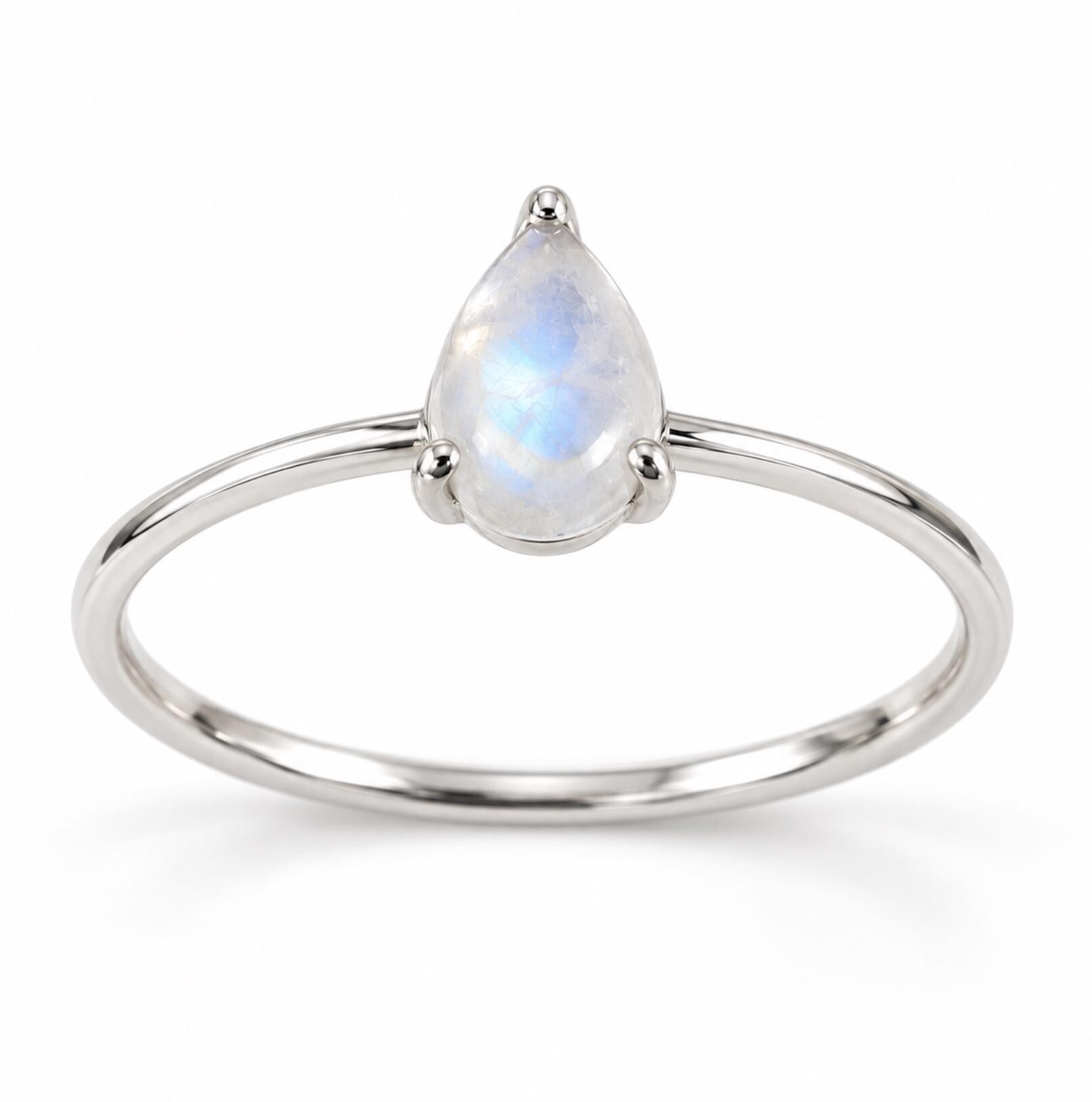 Moonstone Teardrop Ring Sterling Silver : Minimalist June Birthstone Jewelry, detail view