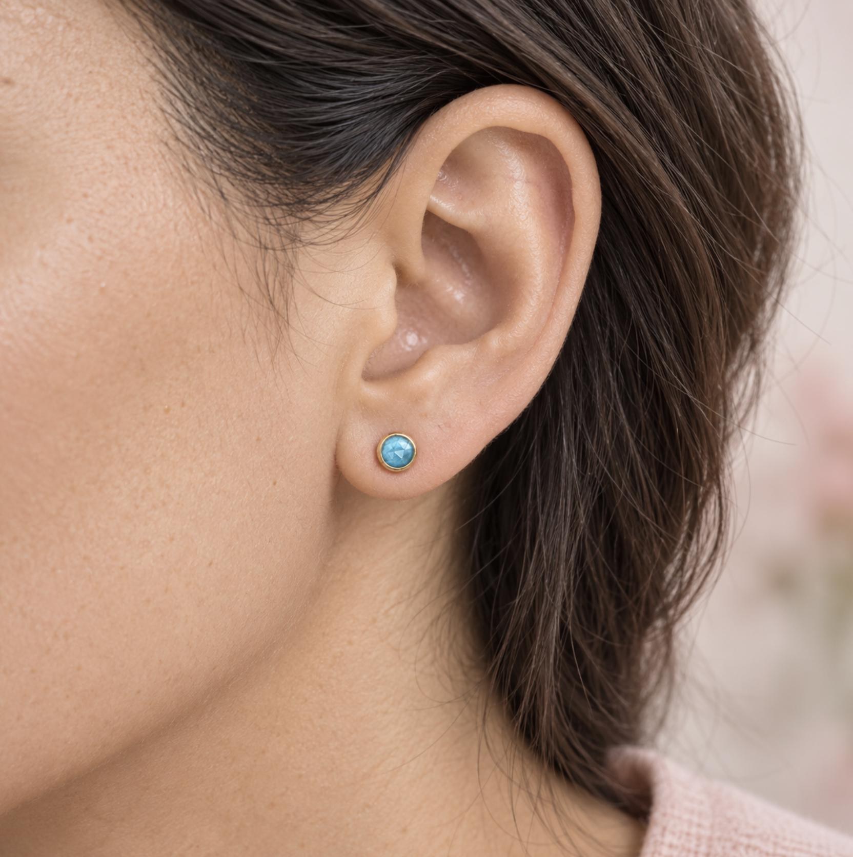 London Blue Topaz Round Bezel Stud Earrings Solid 14kt Gold : December Birthstone Jewelry, worn view
