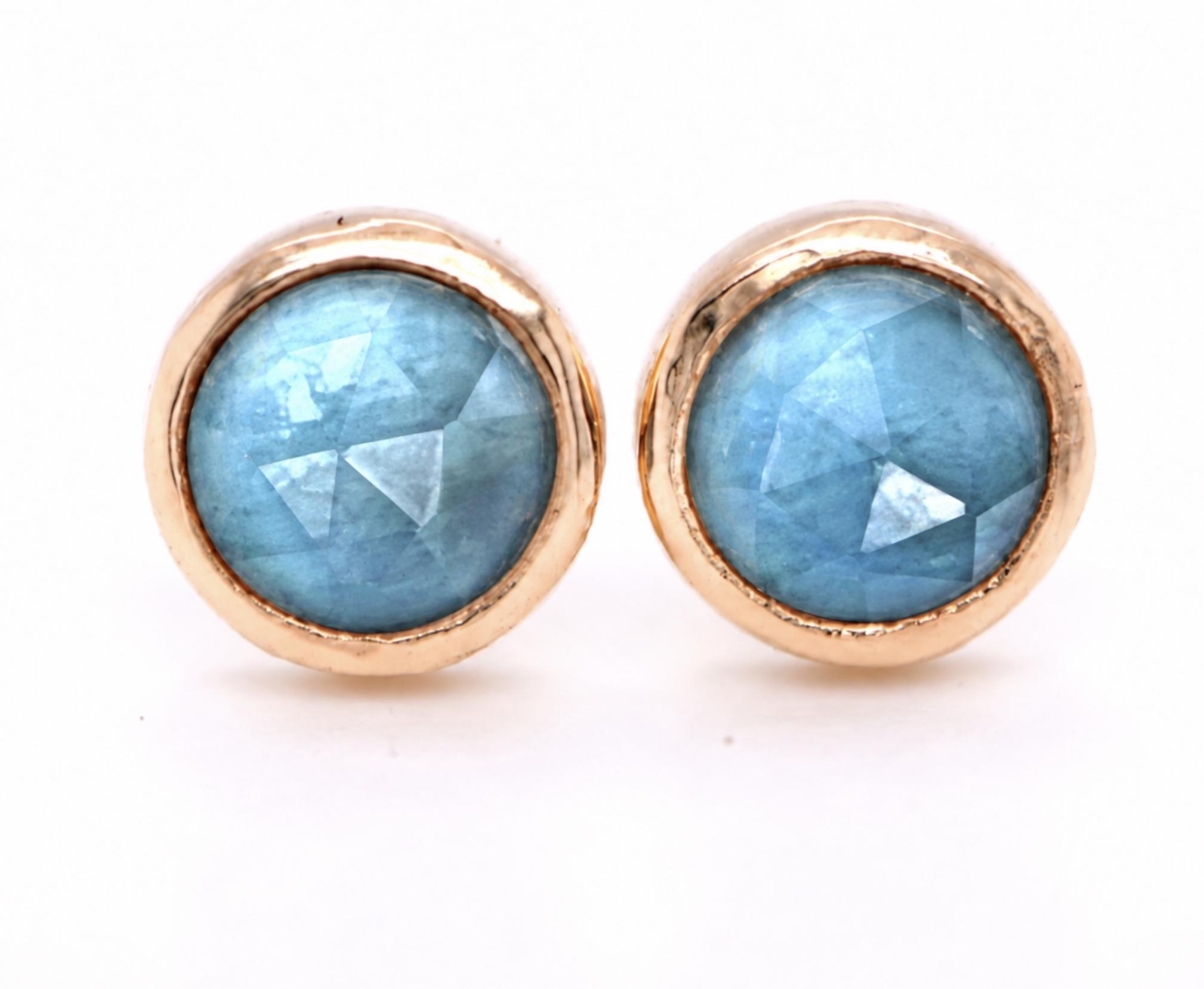 London Blue Topaz Round Bezel Stud Earrings Solid 14kt Gold : December Birthstone Jewelry, detail view