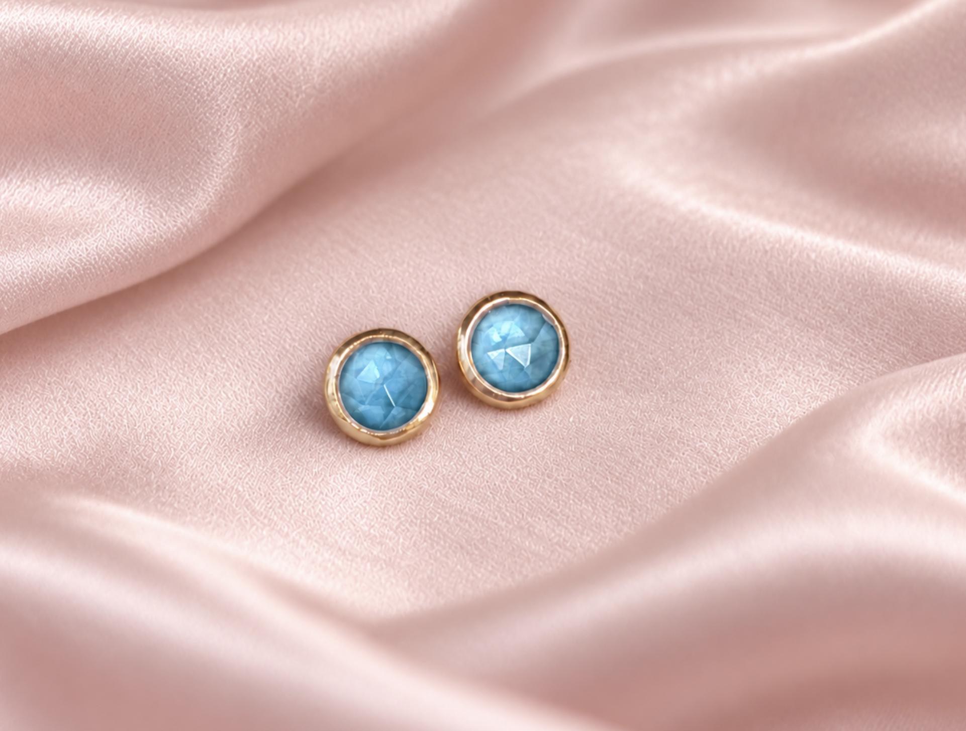 London Blue Topaz Round Bezel Stud Earrings Solid 14kt Gold : December Birthstone Jewelry