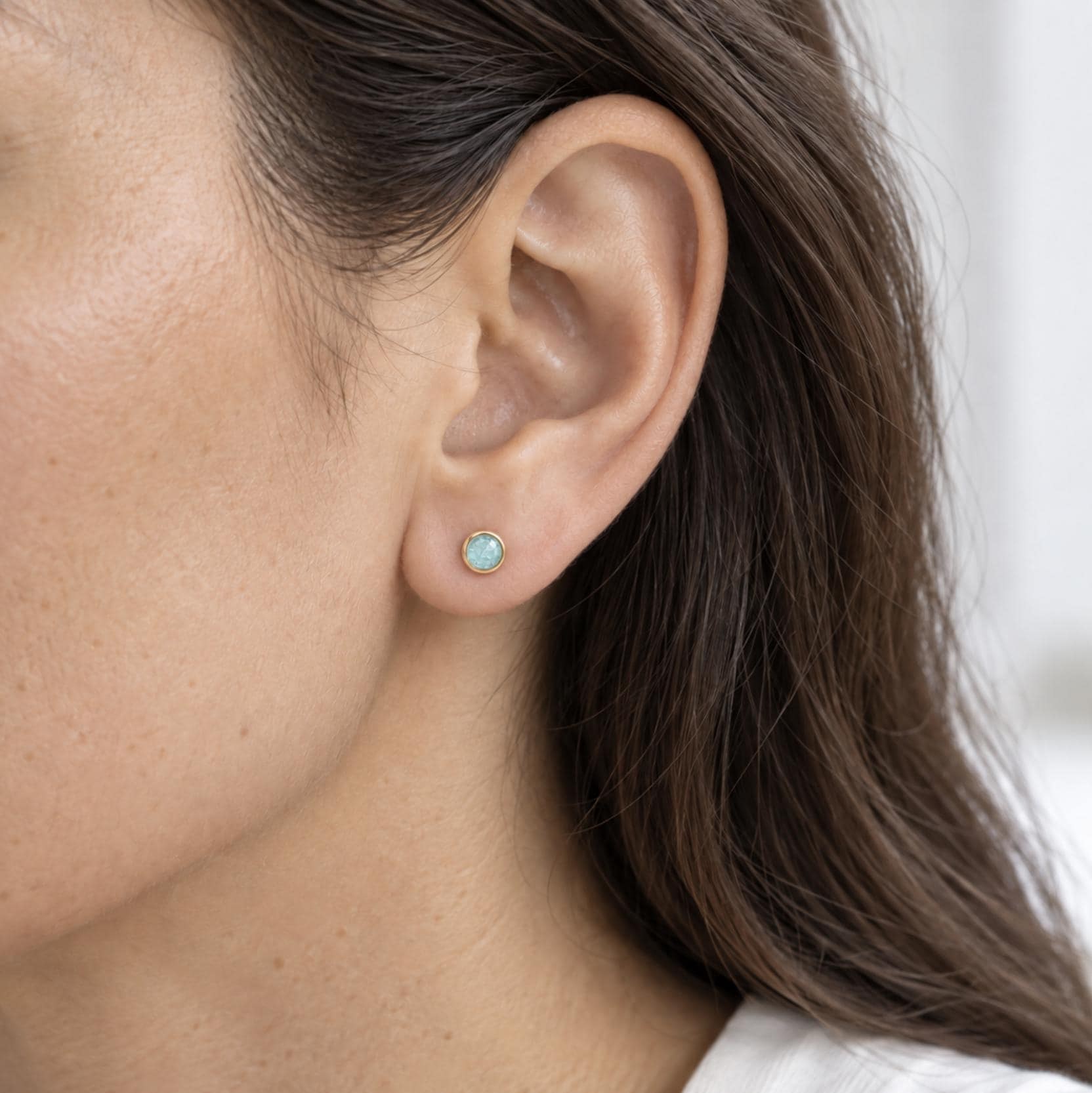 Rosecut Indocolite Tourmaline Stud Earrings Solid 14kt Gold 5mm : October Birthstone Jewelry, worn view