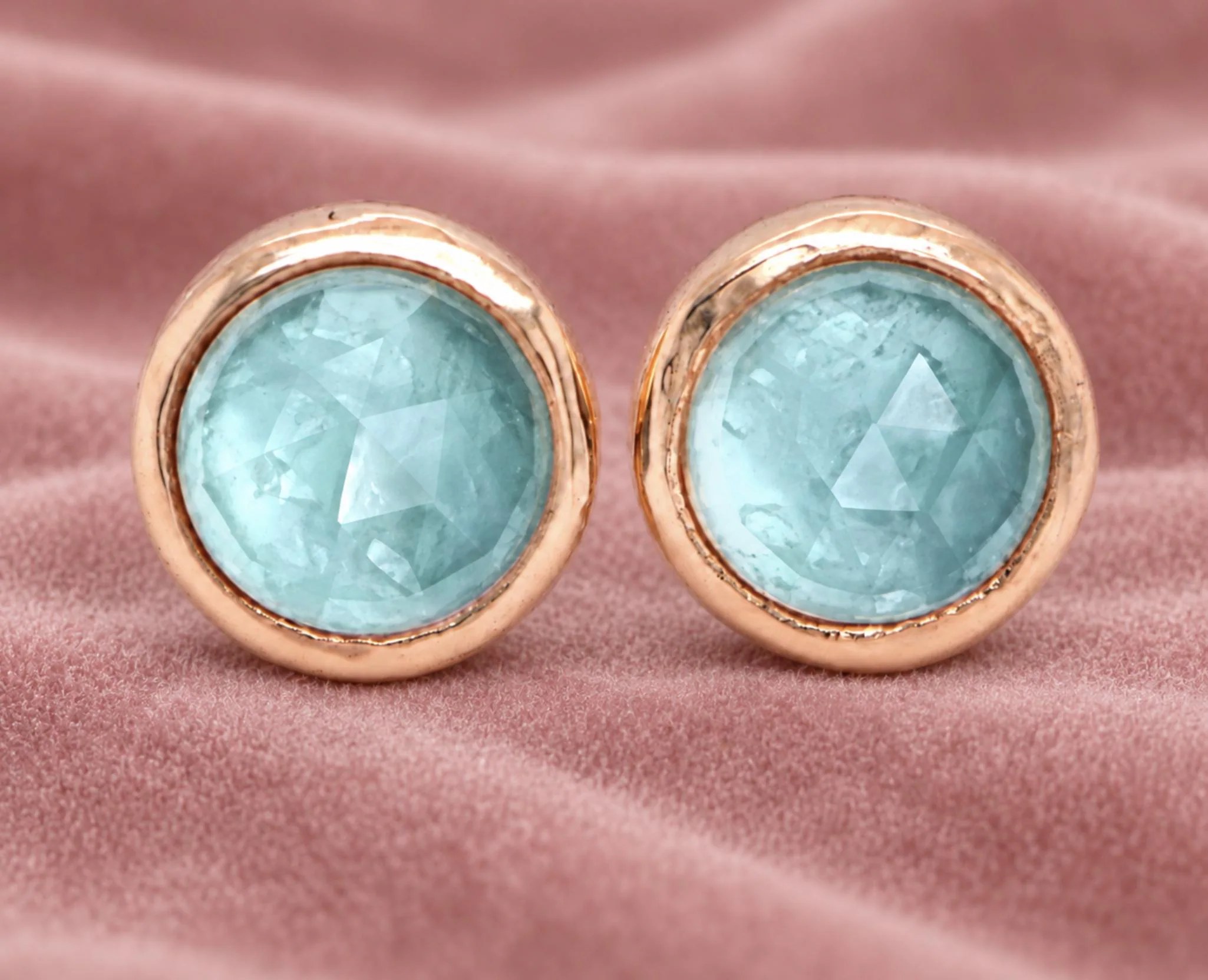 Rosecut Indocolite Tourmaline Stud Earrings Solid 14kt Gold 5mm : October Birthstone Jewelry, detail view