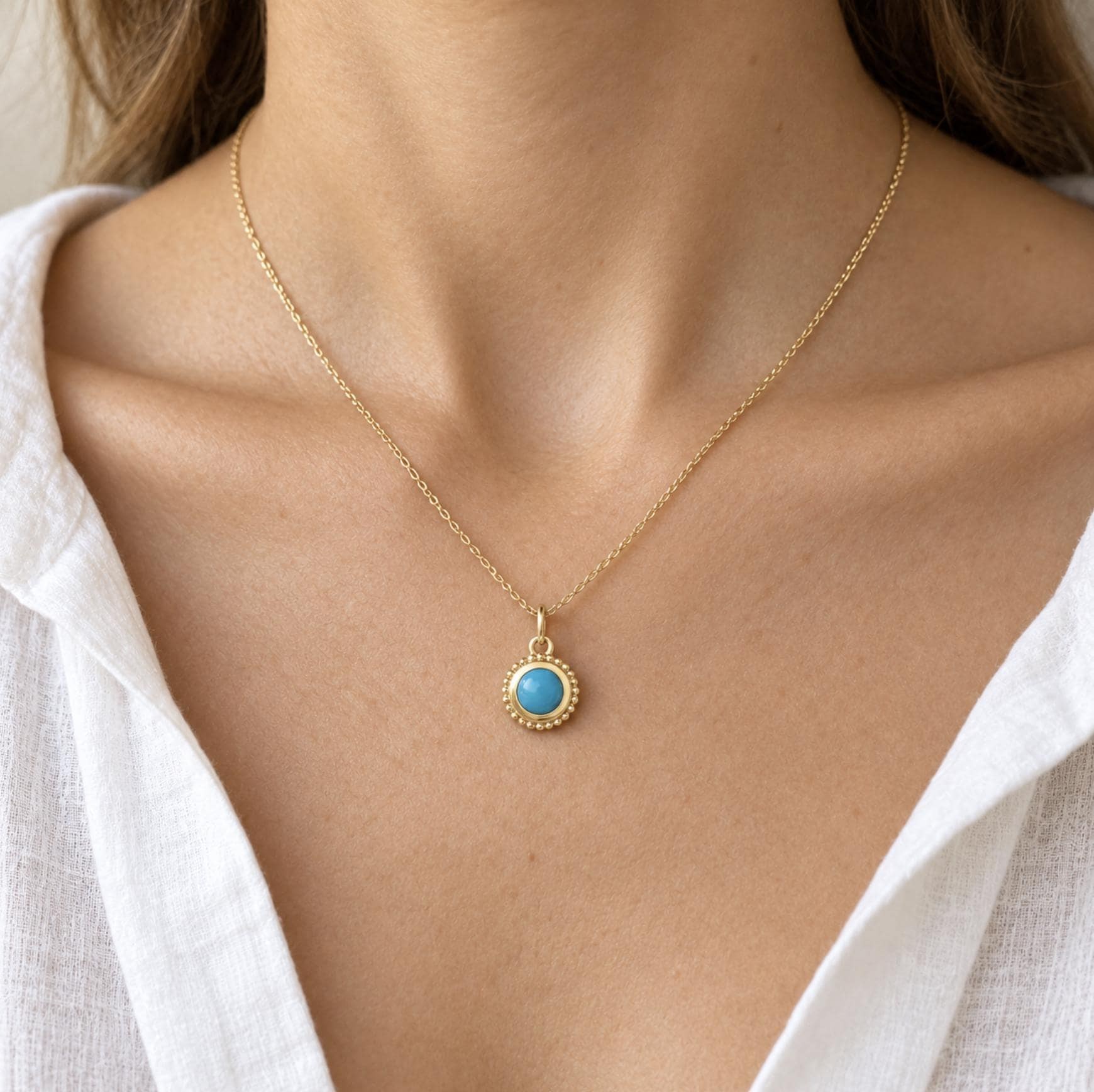 Turquoise Beaded Pendant Charm Solid 14k Gold : December Birthstone Jewelry, worn view