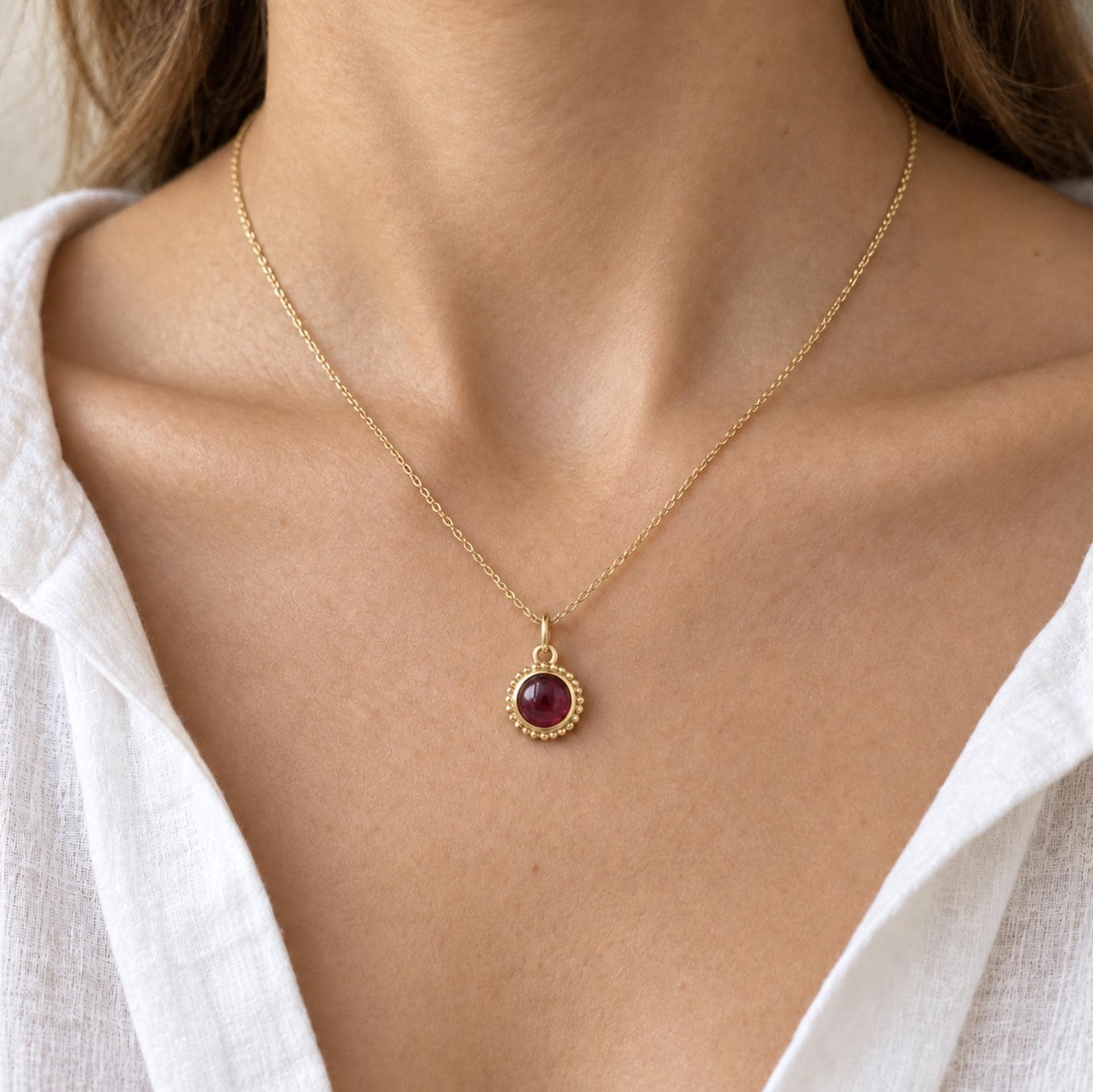 Rhodolite Garnet Beaded Pendant Charm Solid 14k Gold : January Birthstone Jewelry, worn view