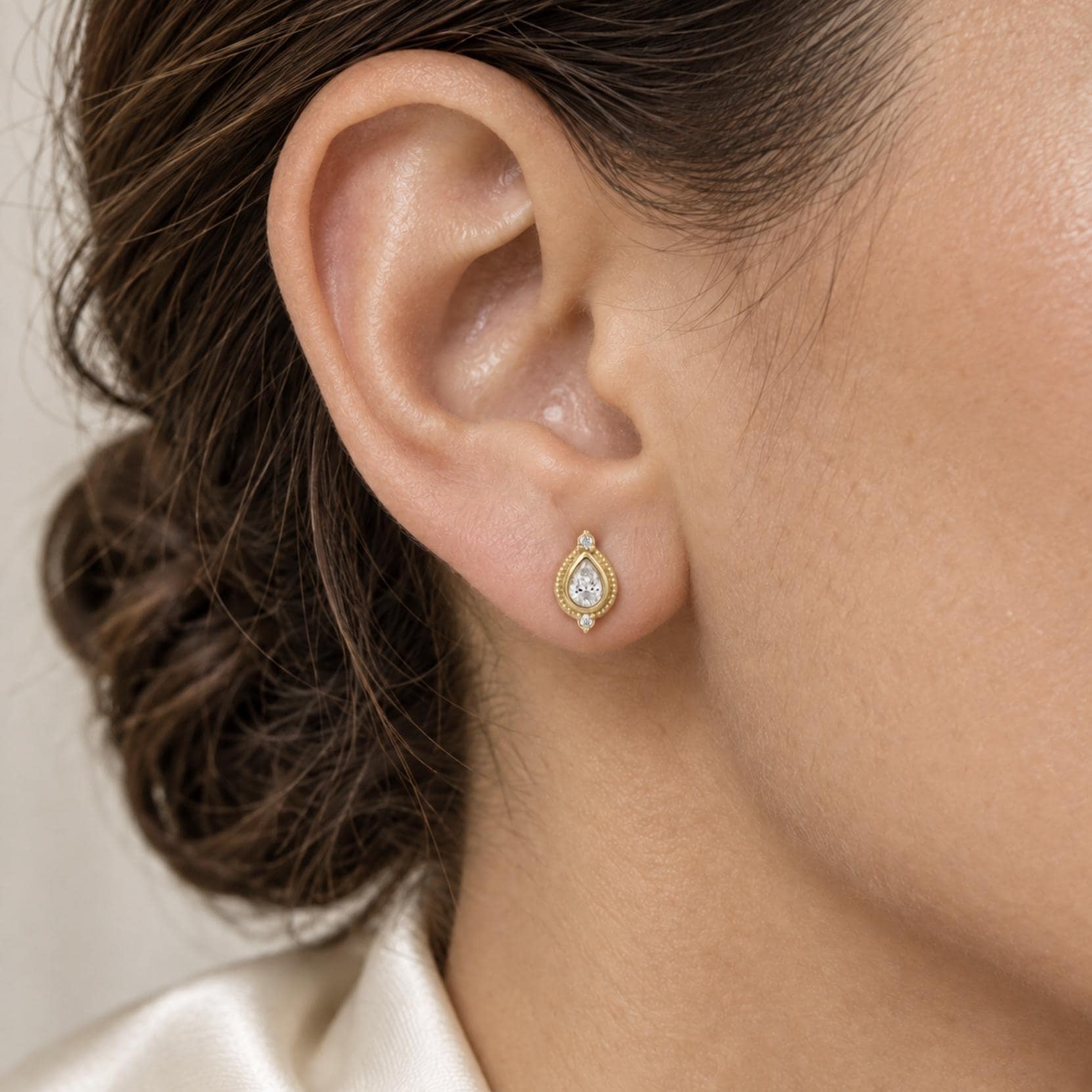 Teardrop Lab Diamond Bezel Stud Earrings Solid 14k Gold : April Birthstone Jewelry, worn view