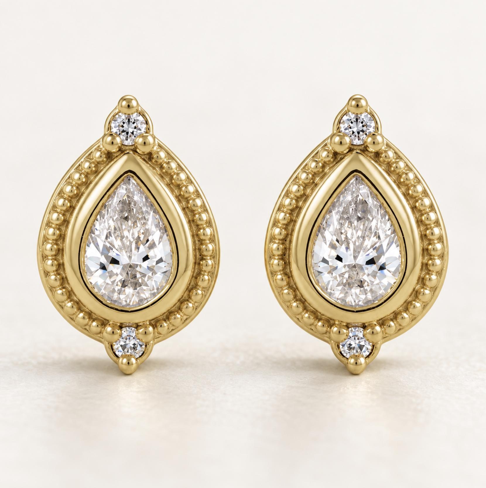 Teardrop Lab Diamond Bezel Stud Earrings Solid 14k Gold : April Birthstone Jewelry, detail view