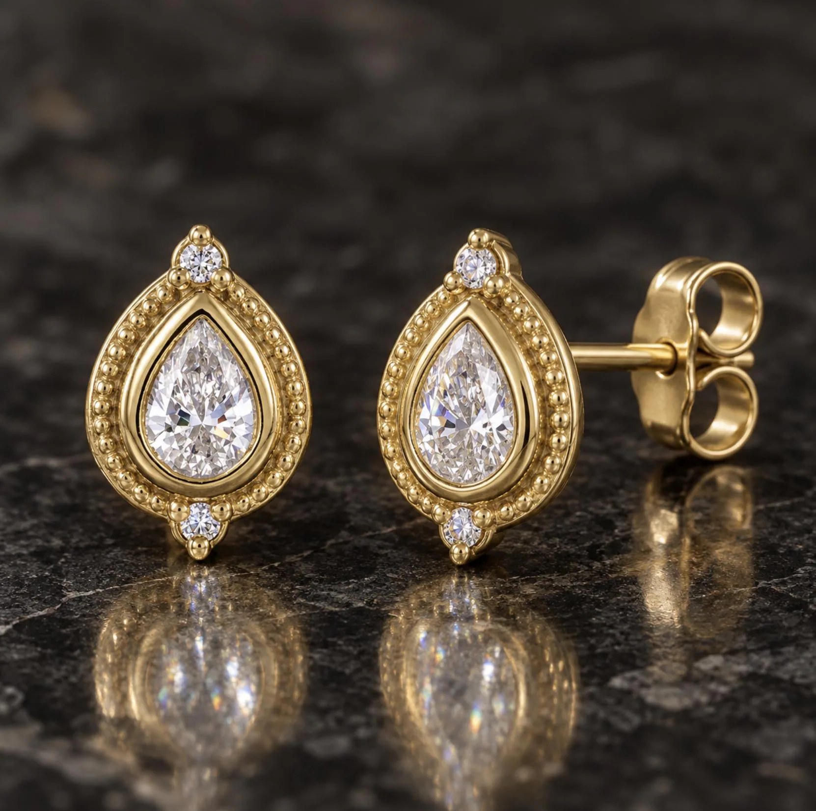 Teardrop Lab Diamond Bezel Stud Earrings Solid 14k Gold : April Birthstone Jewelry
