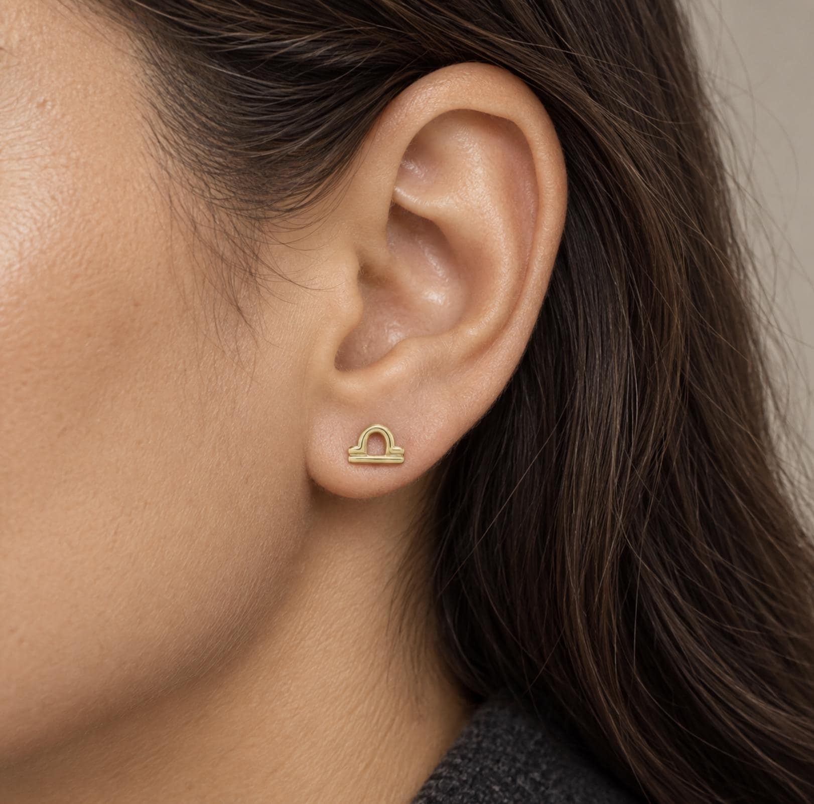 Libra Stud Earrings Solid 14k Gold : Constellation Jewelry, worn view