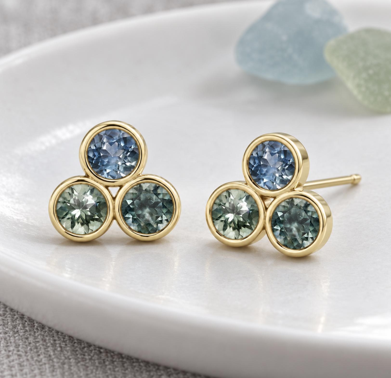 Montana Sapphire Bezel Stud Earrings Solid 14kt Gold : September Birthstone Jewelry, detail view