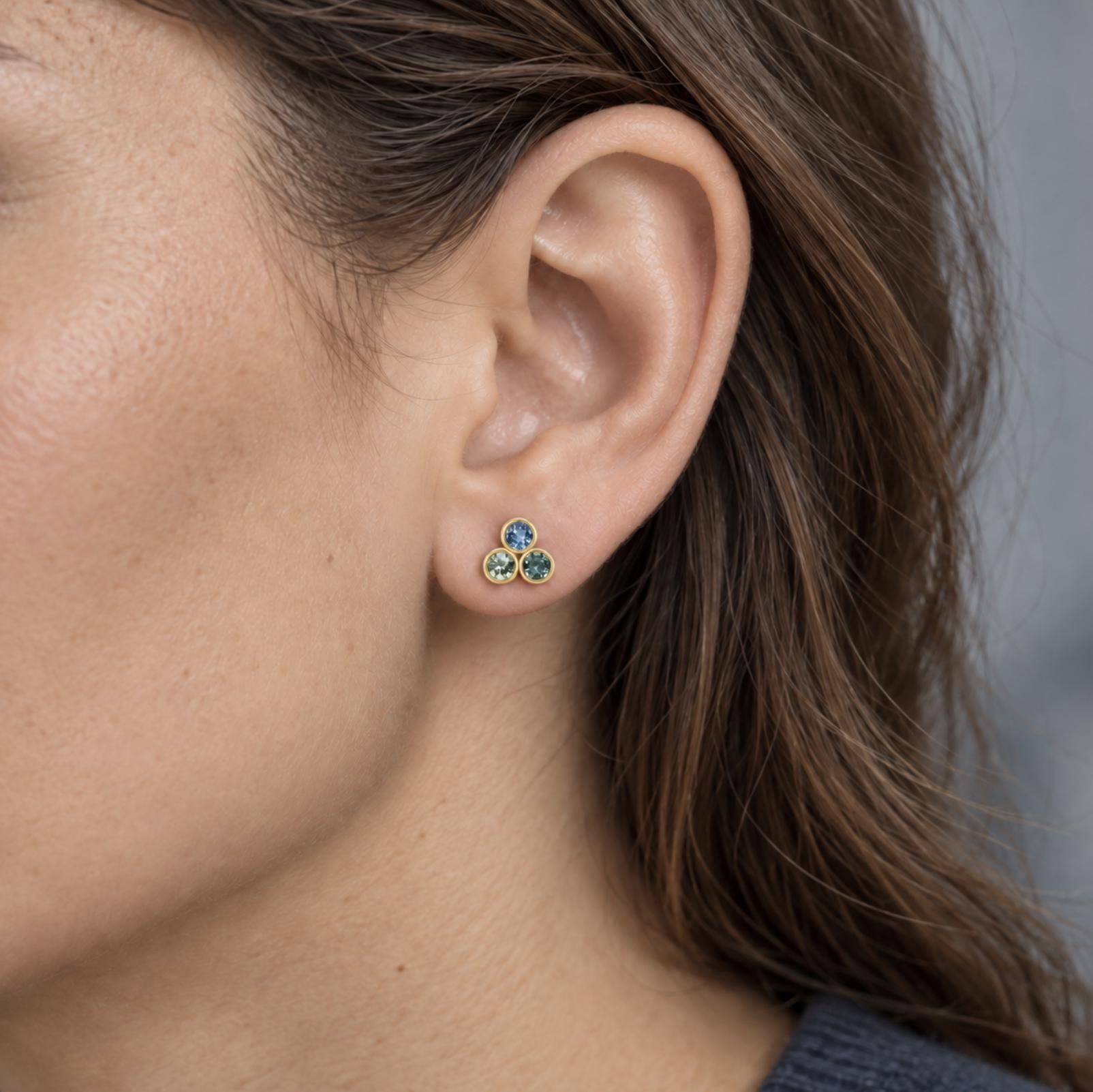 Montana Sapphire Bezel Stud Earrings Solid 14kt Gold : September Birthstone Jewelry, worn view