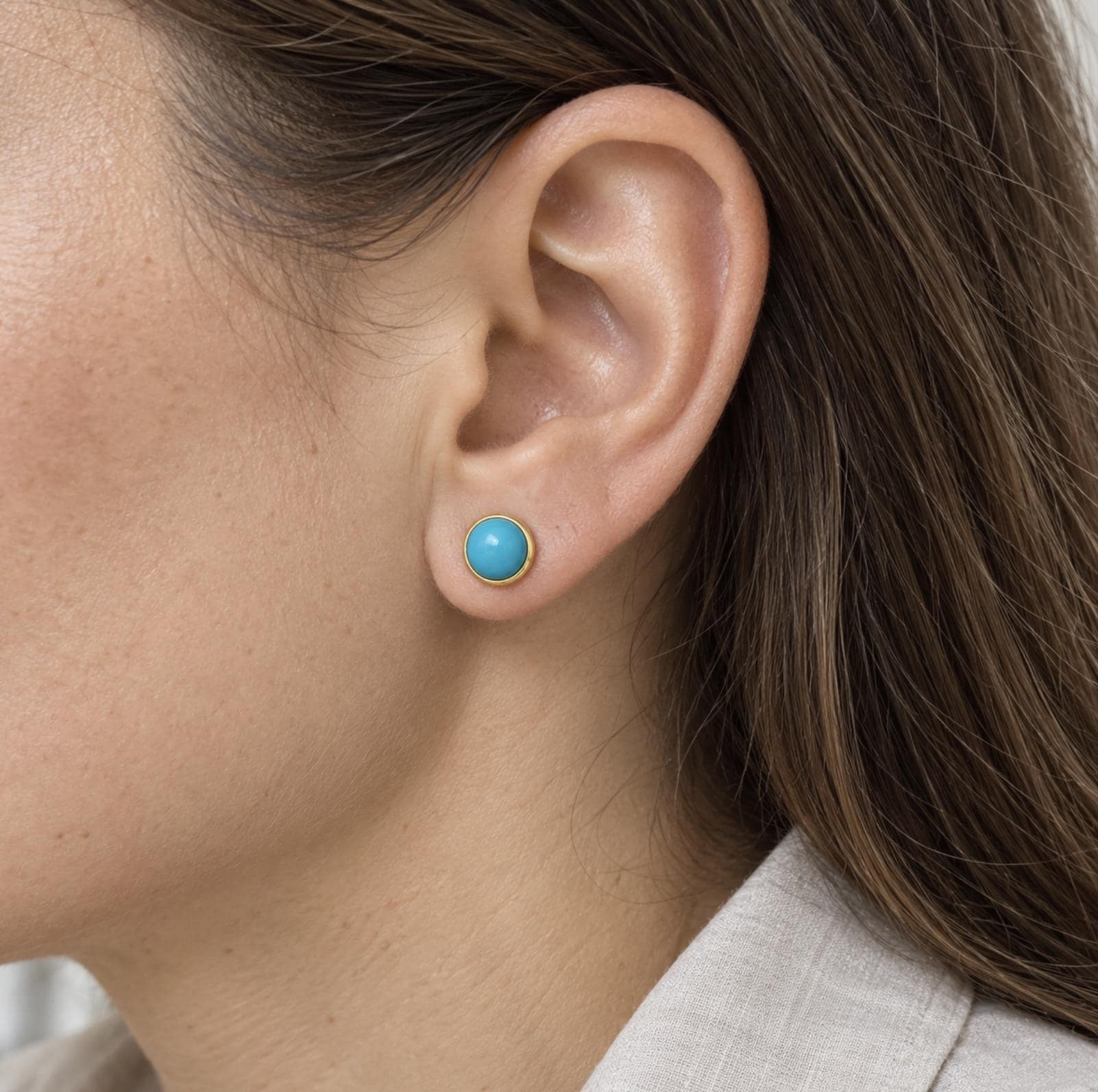 Sleeping Beauty Turquoise 14k Gold Round Stud Earrings : 6th or 11th Anniversary Gift, worn view