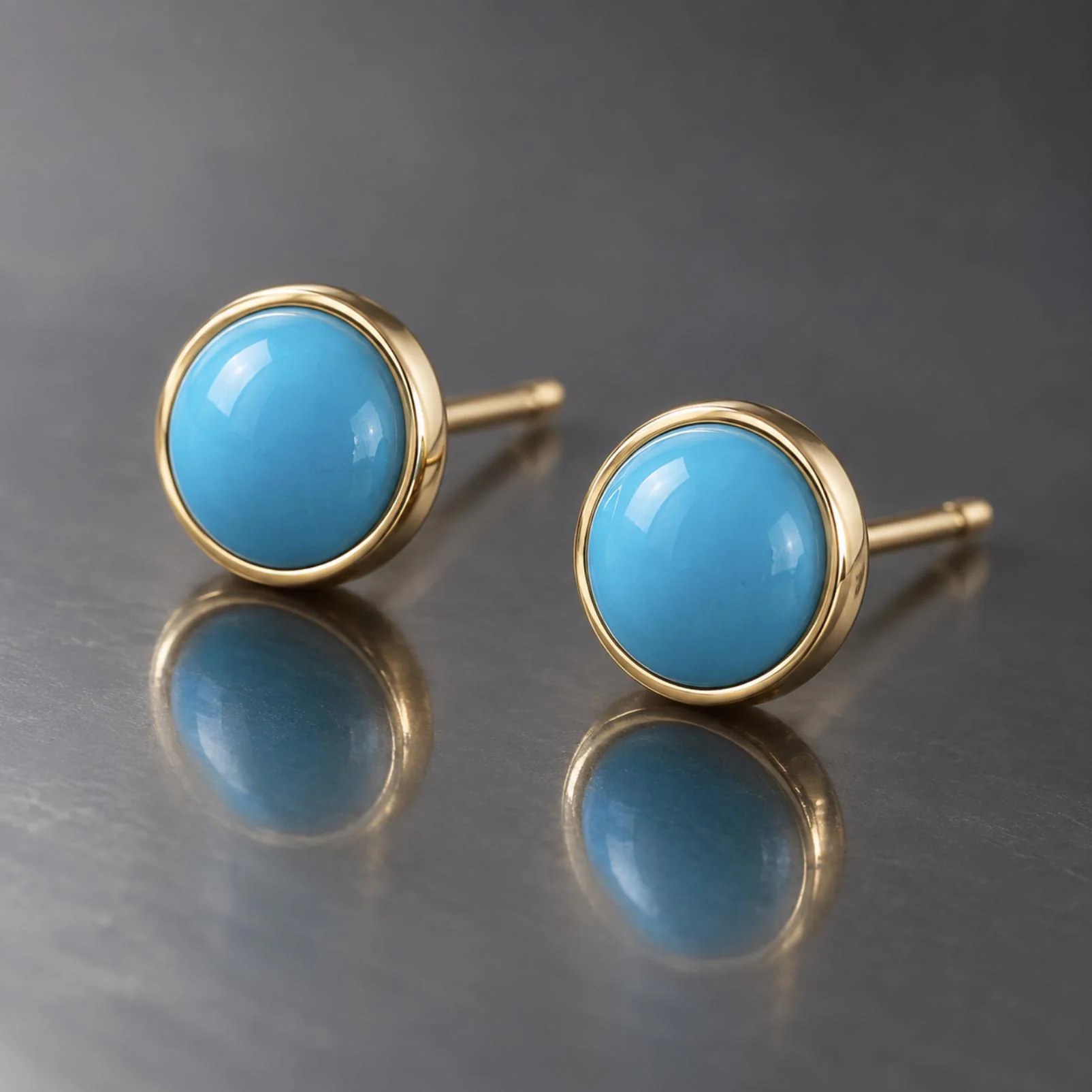 Sleeping Beauty Turquoise 14k Gold Round Stud Earrings : 6th or 11th Anniversary Gift, detail view