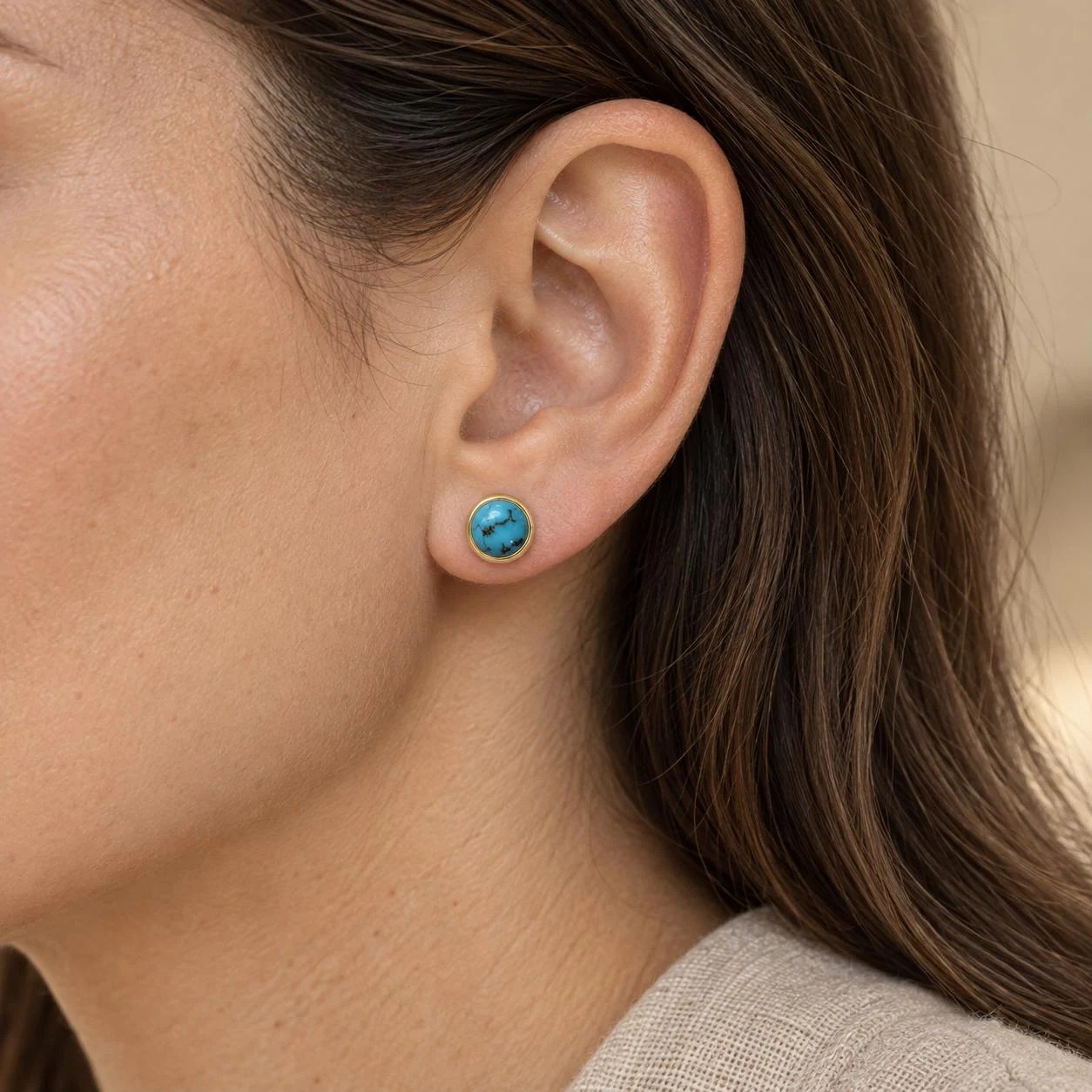 Natural Turquoise 14k Gold Round Stud Earrings : 6th or 11th Anniversary Gift, worn view