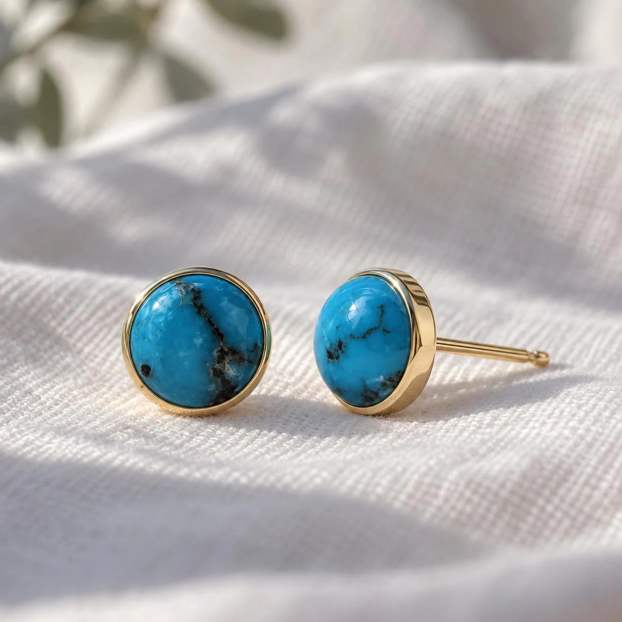 Natural Turquoise 14k Gold Round Stud Earrings : 6th or 11th Anniversary Gift, detail view