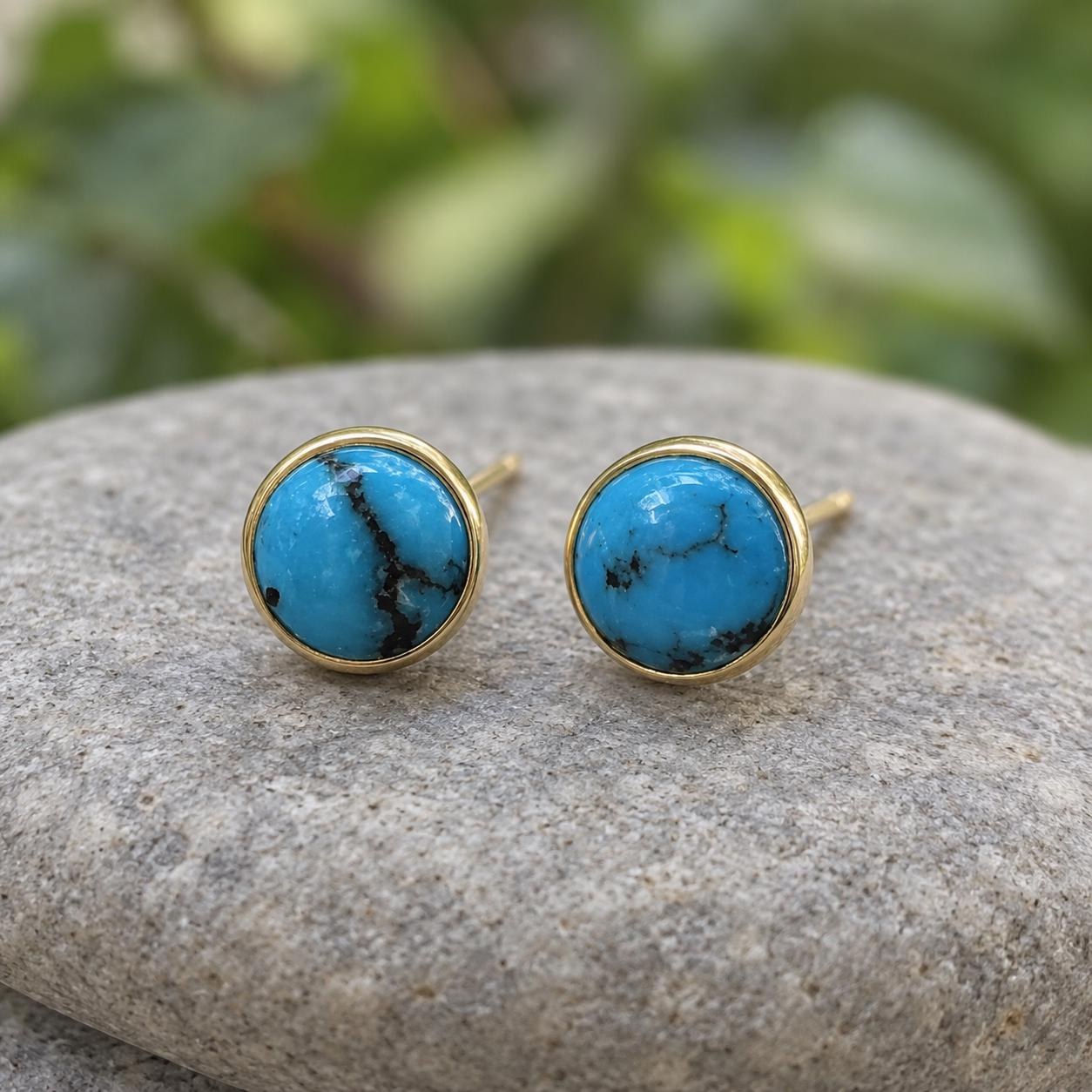 Natural Turquoise 14k Gold Round Stud Earrings : 6th or 11th Anniversary Gift