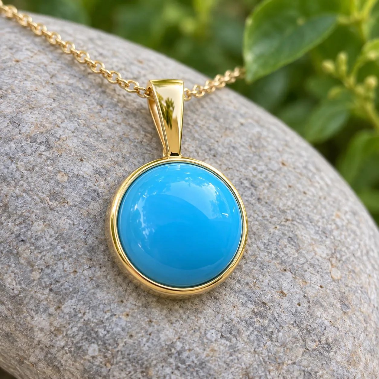 Turquoise Cabochon Round Pendant Solid 14k Gold : December Birthstone Jewelry, detail view