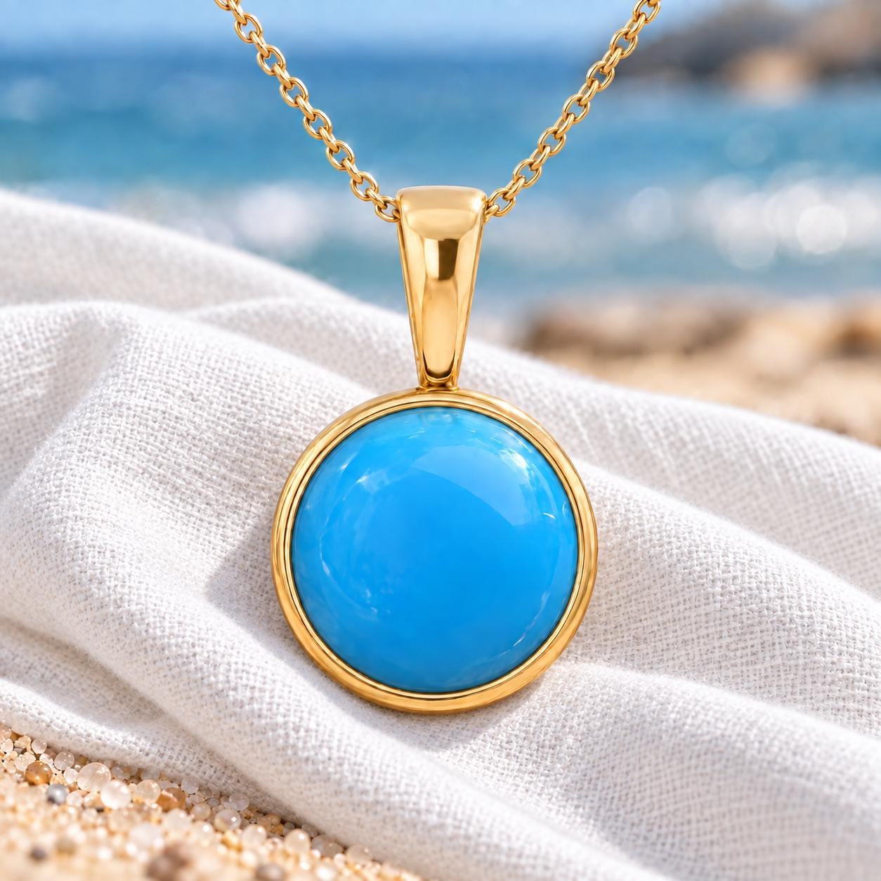 Turquoise Cabochon Round Pendant Solid 14k Gold : December Birthstone Jewelry