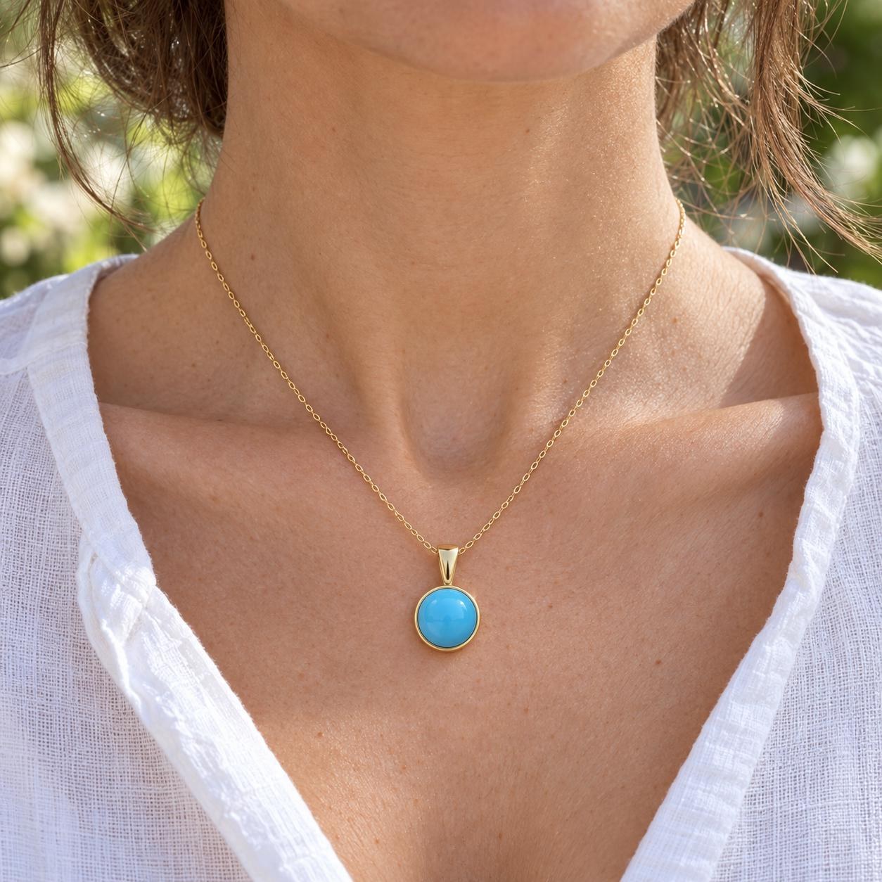 Turquoise Cabochon Round Pendant Solid 14k Gold : December Birthstone Jewelry, worn view