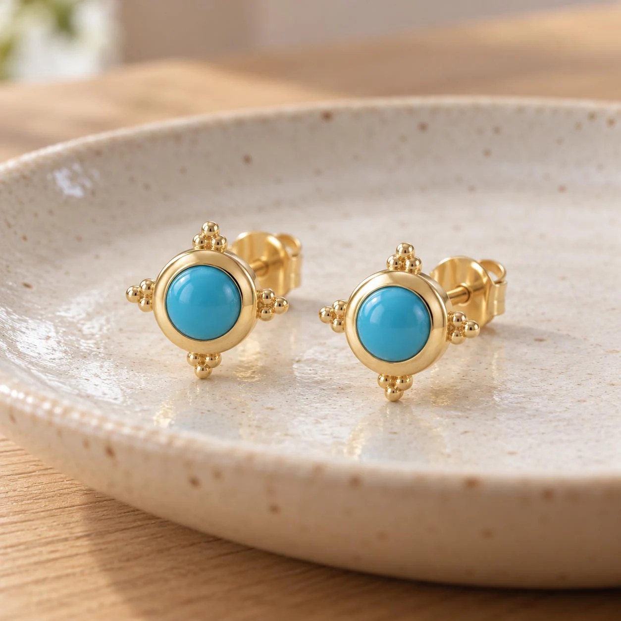 Turquoise Stud Earrings in 14K Solid Gold, Round Cabochon with Beaded Detail