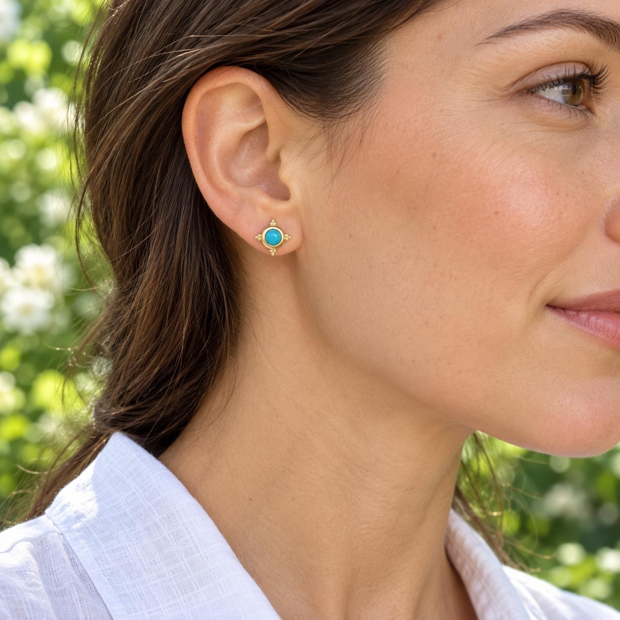Turquoise Stud Earrings in 14K Solid Gold, Round Cabochon with Beaded Detail, worn view