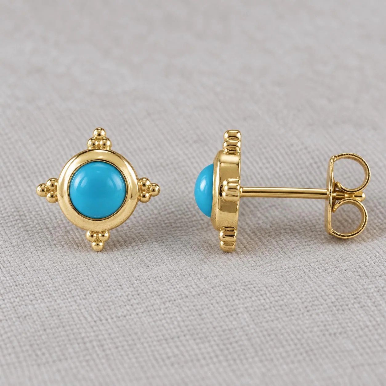 Turquoise Stud Earrings in 14K Solid Gold, Round Cabochon with Beaded Detail, detail view
