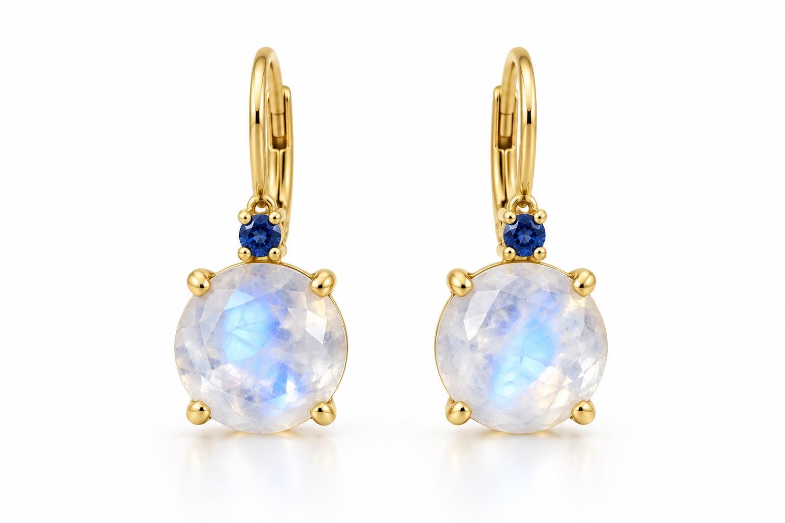 14kt Gold Leverback 2 CT Moonstone and Sapphire Prong Set Drop Earrings, detail view