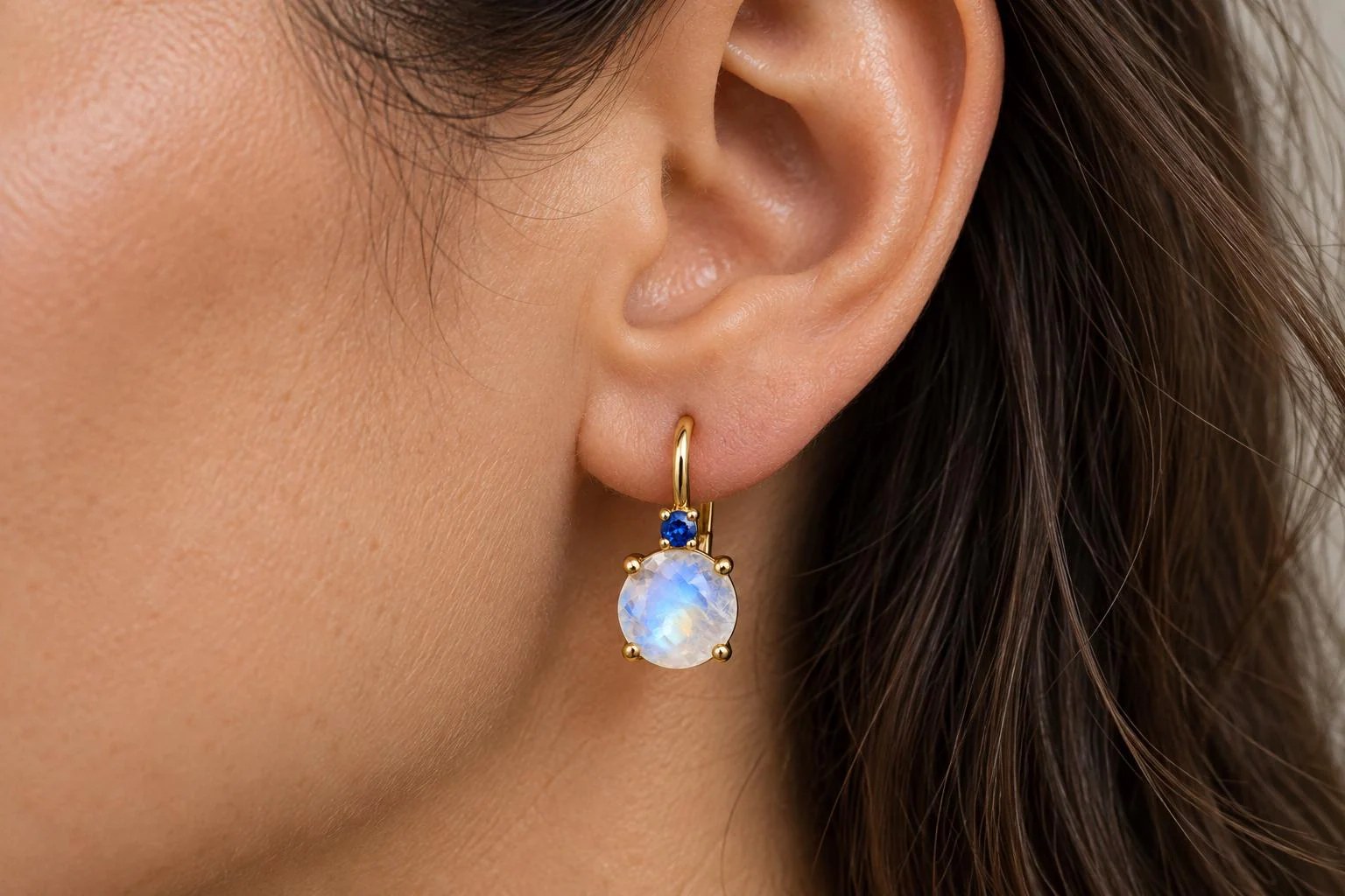 14kt Gold Leverback 2 CT Moonstone and Sapphire Prong Set Drop Earrings, worn view