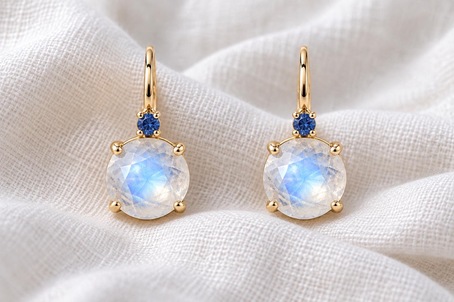 14kt Gold Leverback 2 CT Moonstone and Sapphire Prong Set Drop Earrings