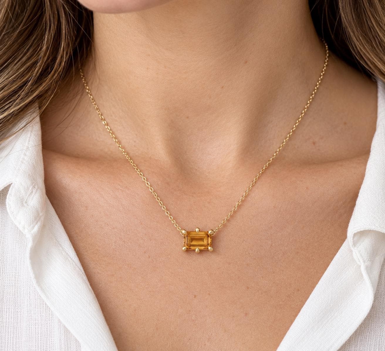 14k Gold AAA Citrine 6 Prong Claw Necklace, November Birthstone, worn view