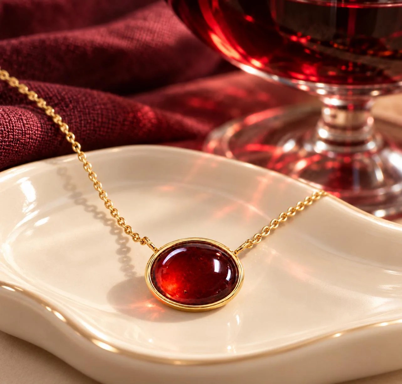 Garnet Mozambique 4CT Oval Cabochon Solitaire Necklace 14k Gold : January Birthstone