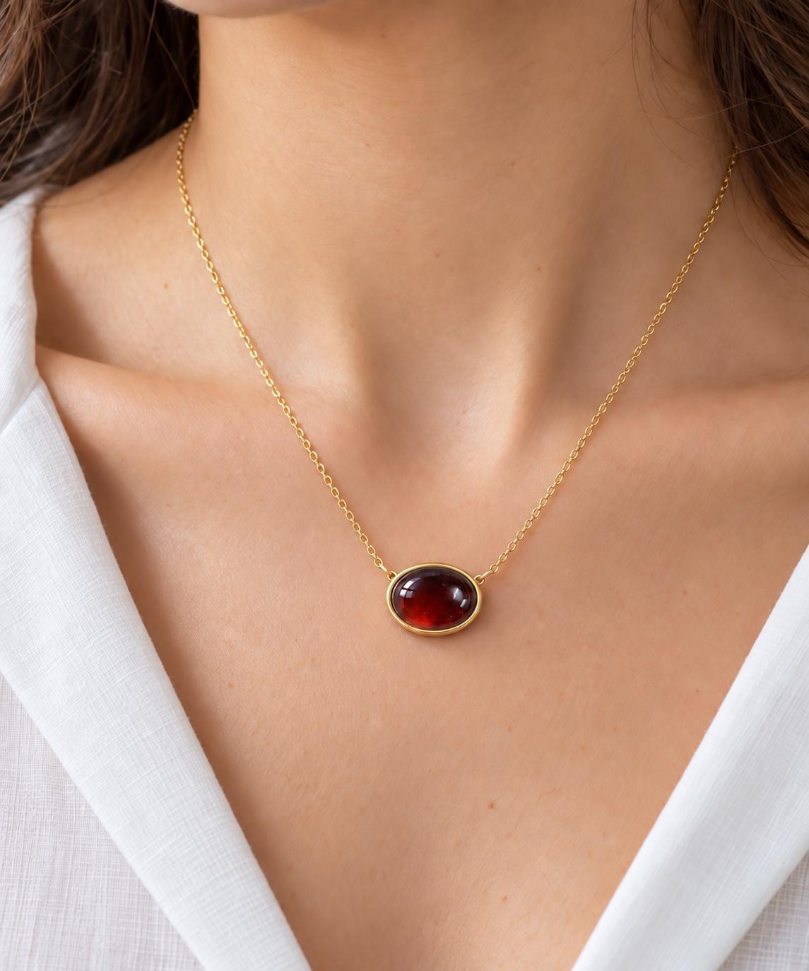 Garnet Mozambique 4CT Oval Cabochon Solitaire Necklace 14k Gold : January Birthstone, worn view