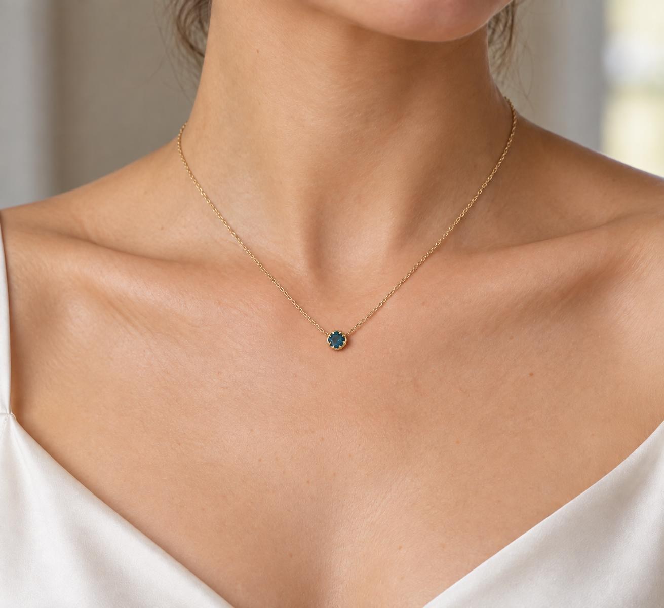 14k Gold London Blue Topaz Solitaire Necklace, December Birthstone, worn view