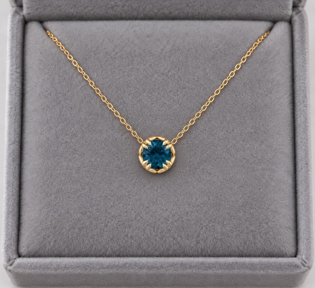 14k Gold London Blue Topaz Solitaire Necklace, December Birthstone, detail view