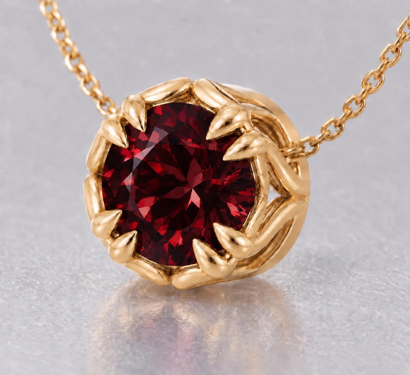14k Gold Garnet Necklace : January Birthstone, detail view