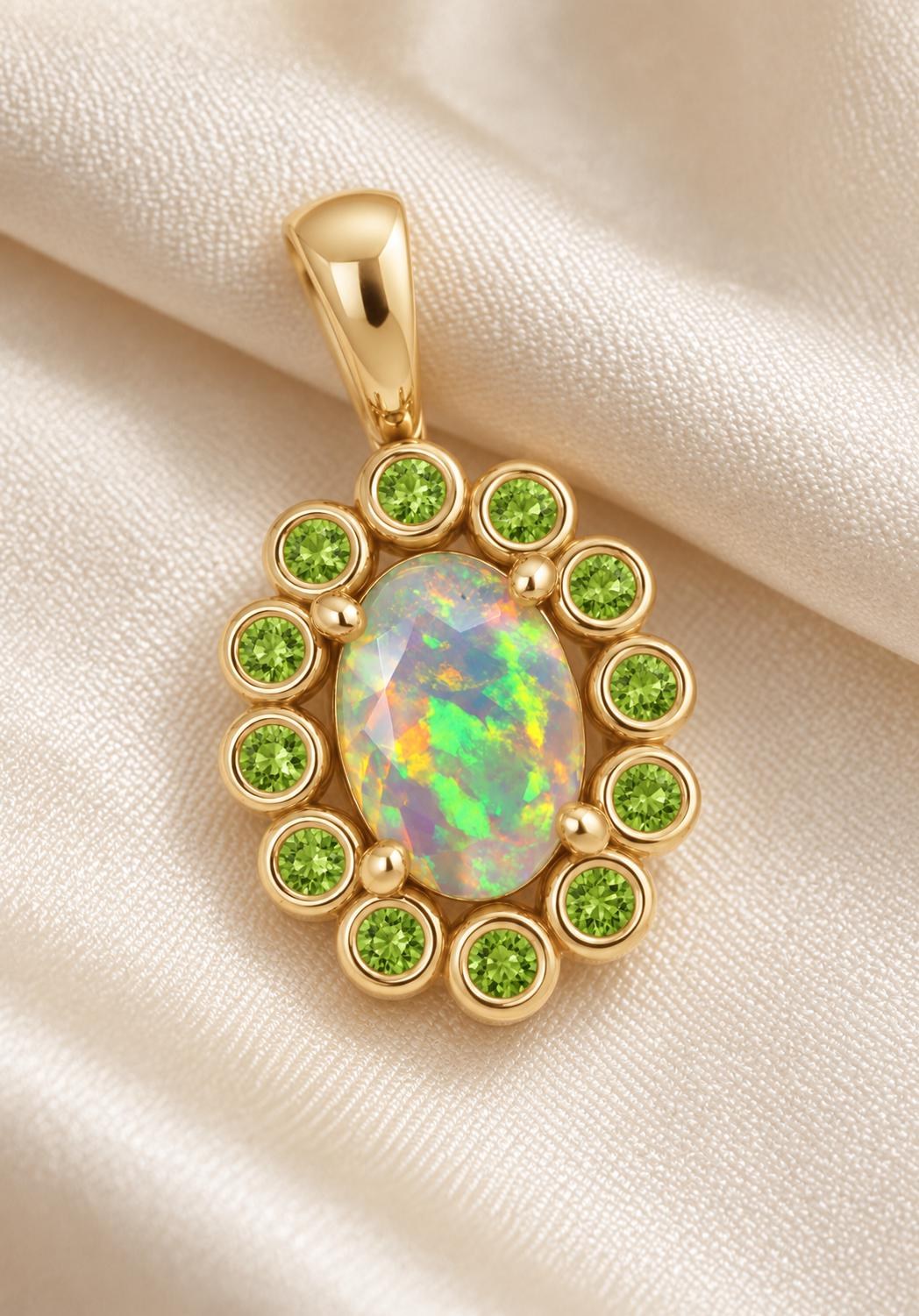Ethiopian Opal & Peridot 14k Gold Statement Pendant, October August Birthstone