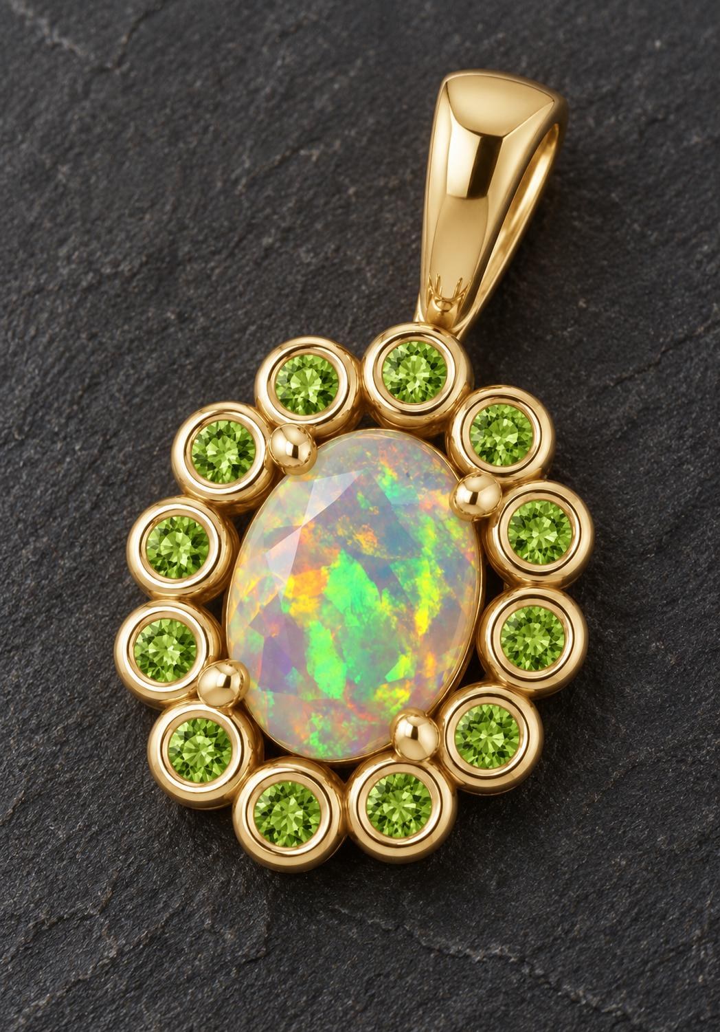 Ethiopian Opal & Peridot 14k Gold Statement Pendant, October August Birthstone, detail view