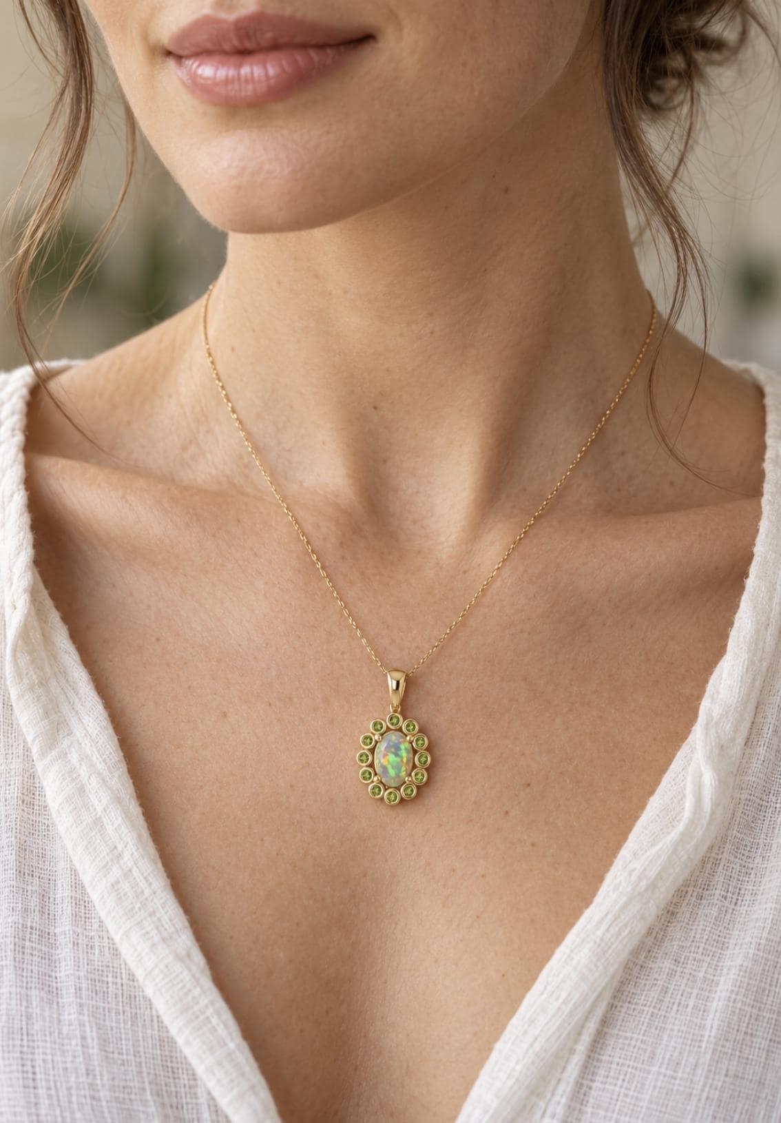 Ethiopian Opal & Peridot 14k Gold Statement Pendant, October August Birthstone, worn view